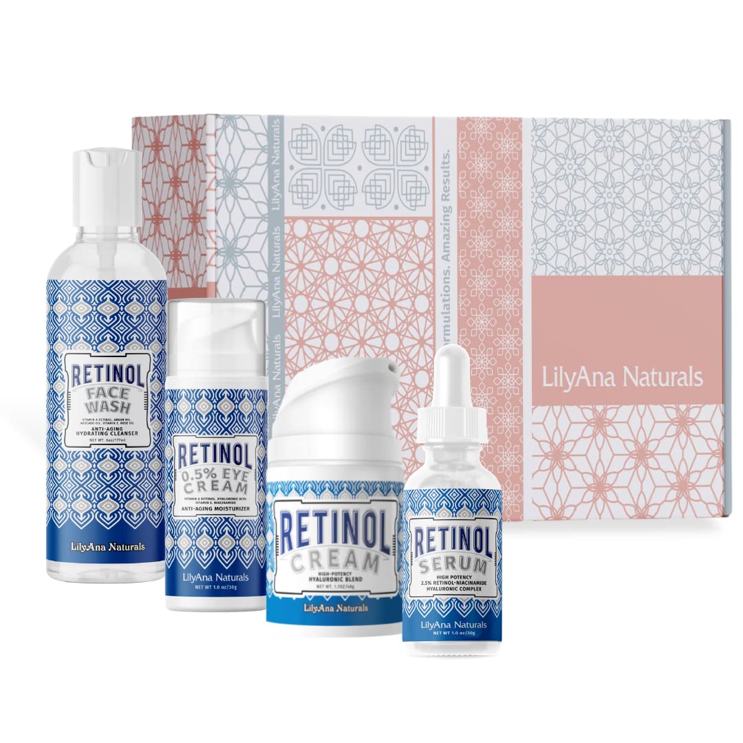 LilyAna Naturals Skincare Gift Set - Retinol Set with Face Wash, Eye Cream, Serum and Retinol Cream Pack of 2