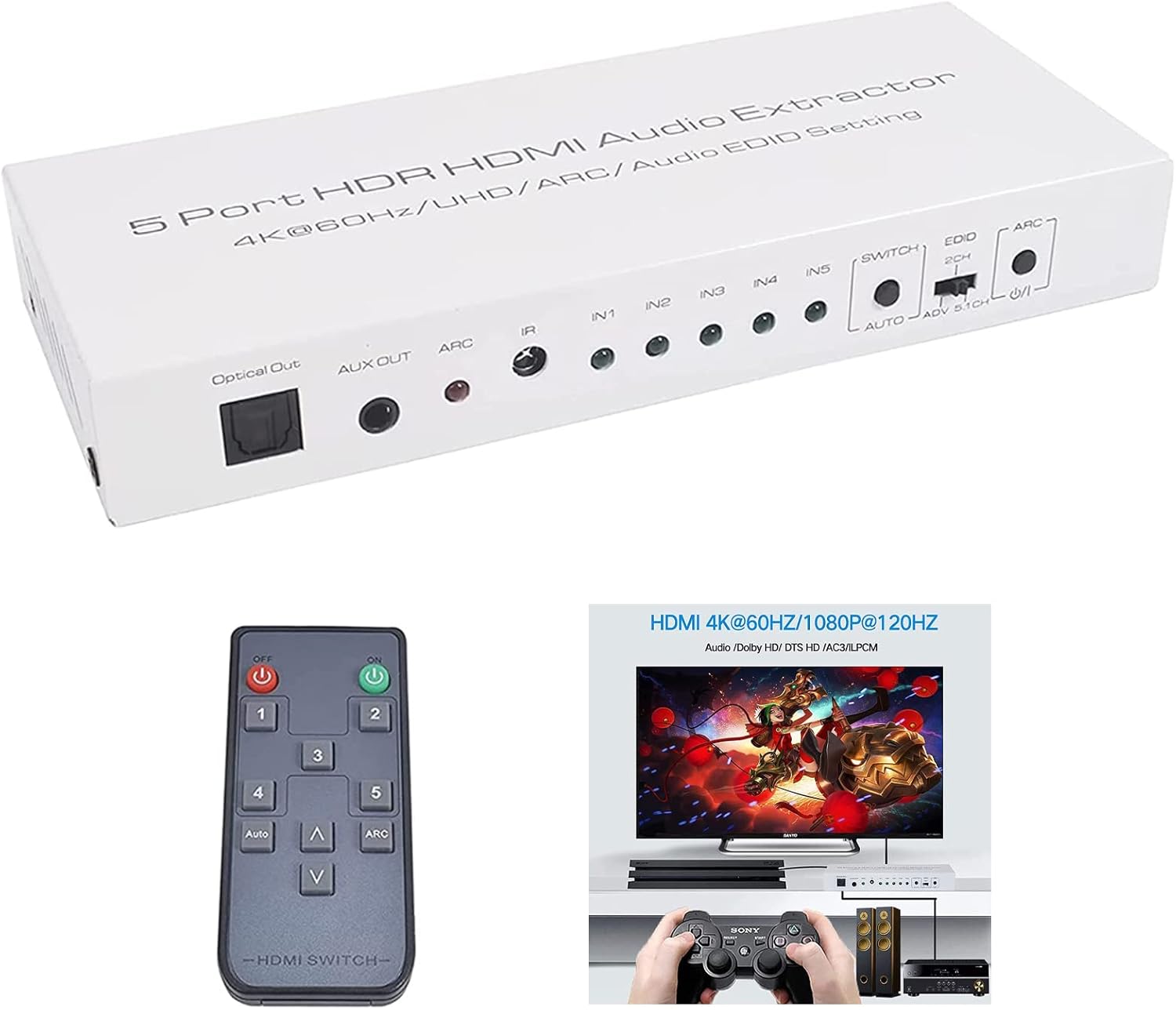 Forfire 4K@60Hz HDMI Splitter 5 in 1 Out, HDMI Switch with Remote Support HDMI 2.0 HDCP 2.2 HDR EDID for Fire Stick 4K HDTV PS4/5 Game Consoles PC Sky Box (White) Pack of 2