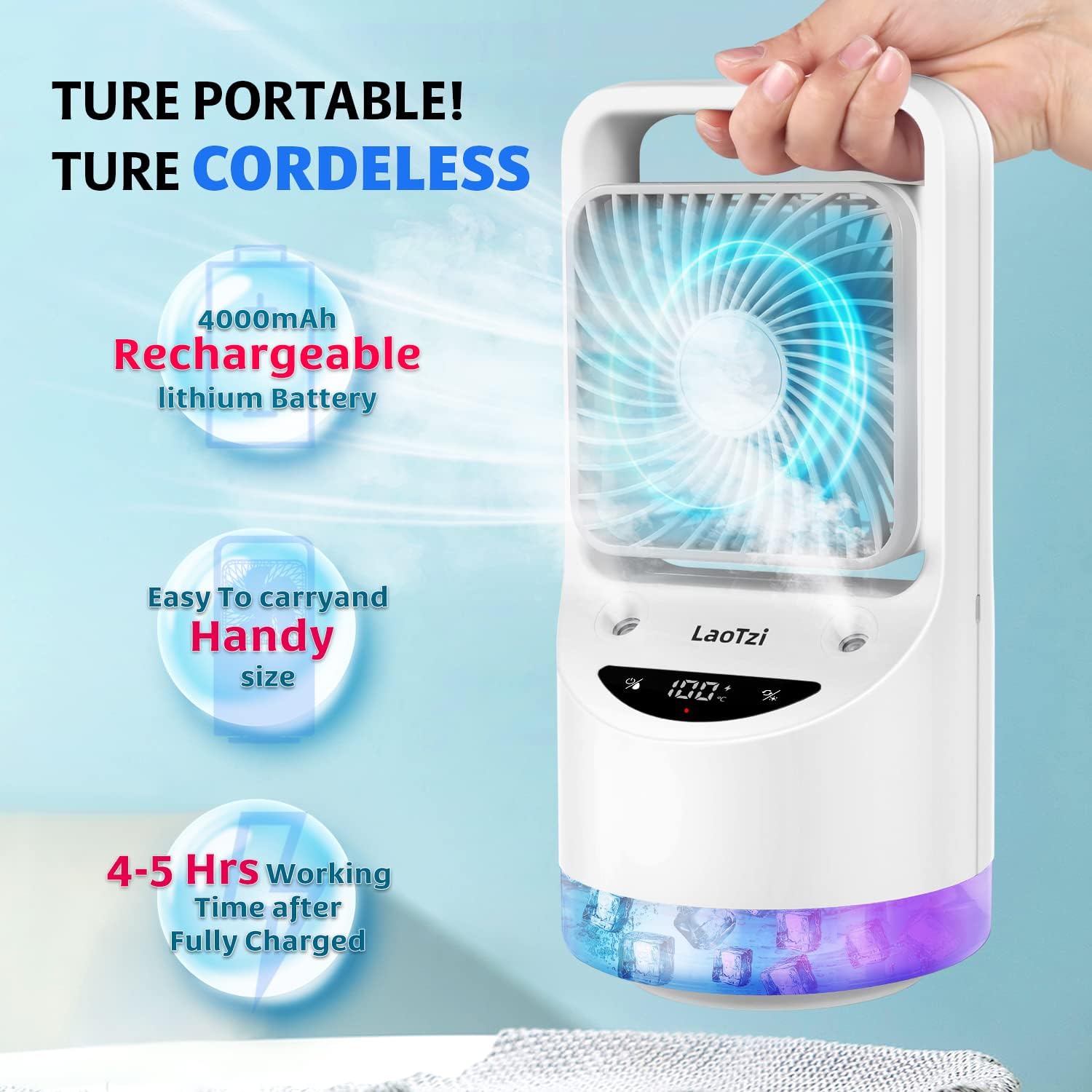 Rechargeable Portable Air Conditioner Fan, Evaporative Mini Air Conditioner with 3 Speeds 7 Colors, Portable Desk Cooler Fan with Aromatherapy for Window, Room, Home and Office Pack of 2