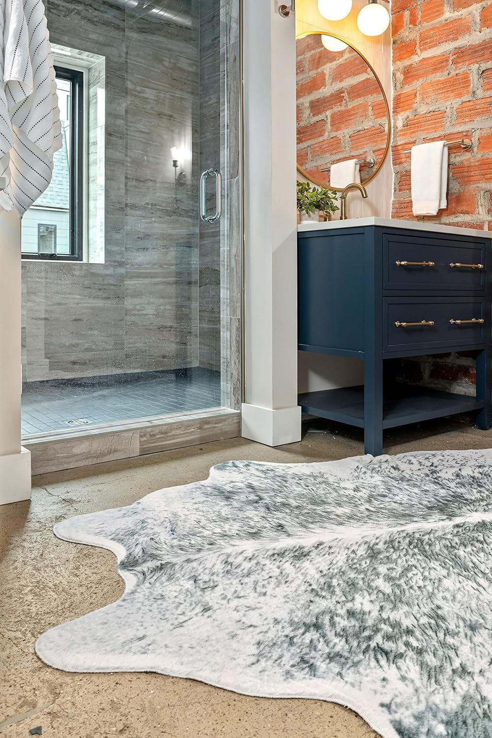 NativeSkins Large Faux Cowhide Rug - Chalk and Board (4.6ft x 6.6ft) - White/Gray Cow Print Area Rug for a Western Boho Decor - Synthetic, Cruelty-Free Animal Hide Carpet with No-Slip Backing