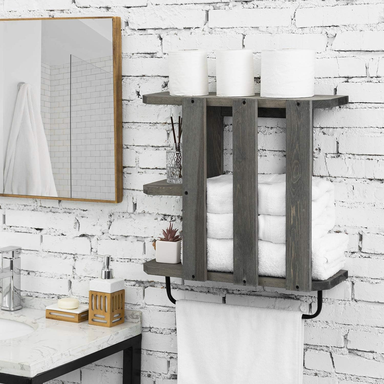 MyGift Vintage Gray Torched Wood Wall Mounted Bathroom Towel Storage Organizer Rack with Industrial Metal Pipe Hanging Bar Pack of 2