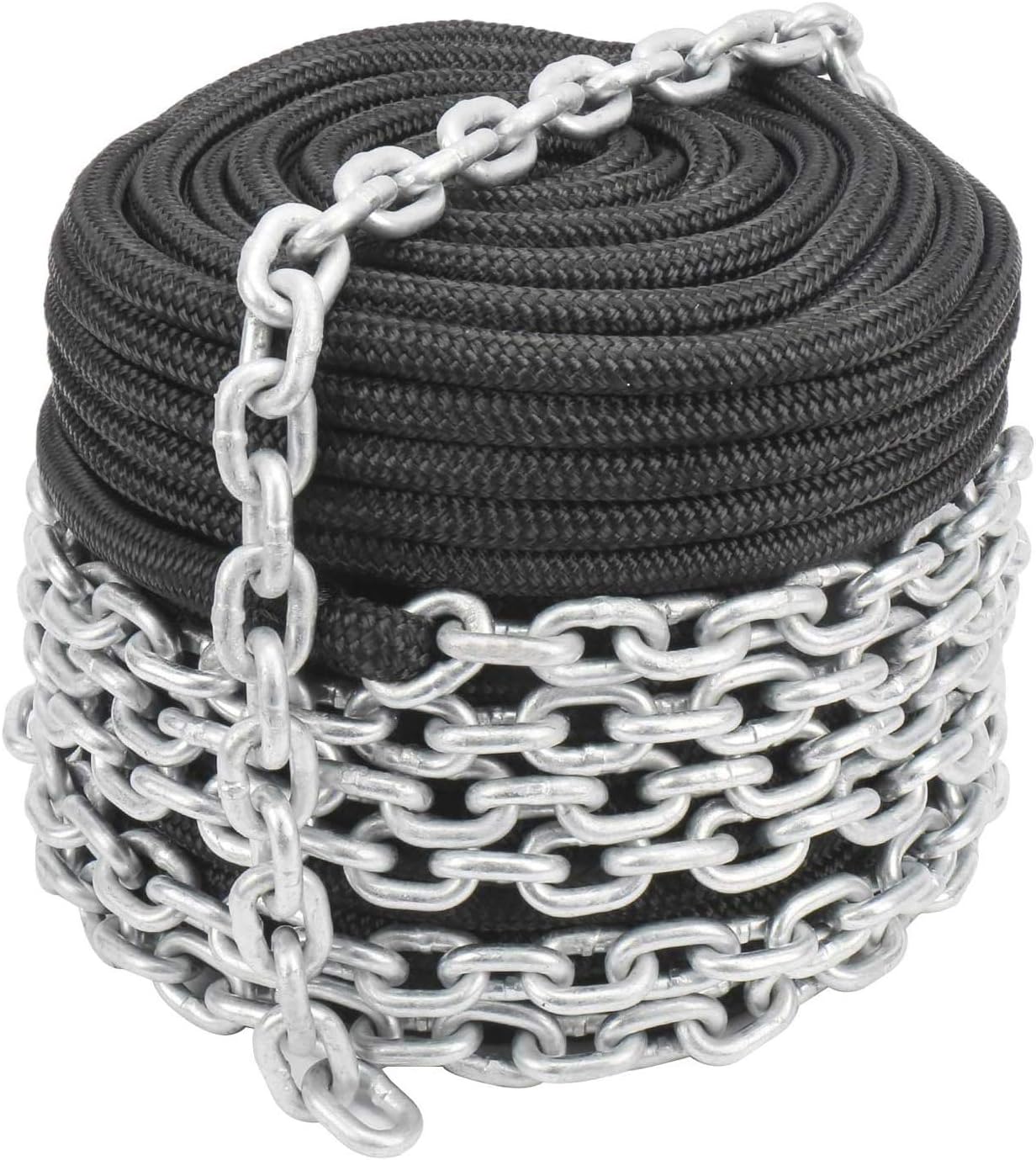 NovelBee 1/2 Inch x 300 Feet Double Braid Nylon Rope with 1/4 Inch x 15 Feet Galvanized Chain for Boat Anchor Rope and Dock Line (Black)
