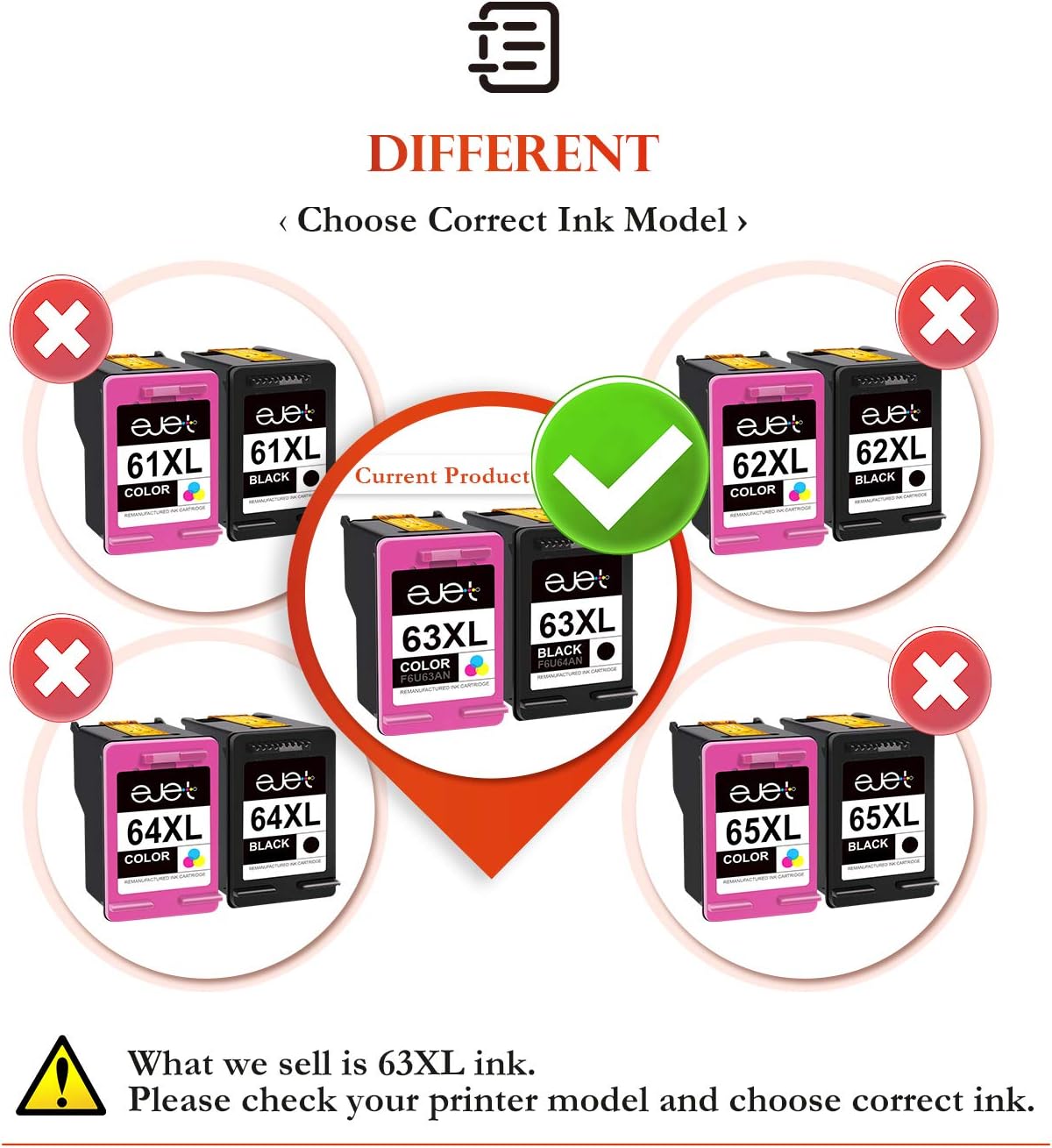 ejet Remanufactured Ink Cartridge Replacement for HP 63 Ink 63XL Compatible with OfficeJet 3830 5255 5258 Envy 4520 4512 4513 4516 DeskJet 1112 1110 3630 3632 3634 2130 2132 Printer(1 Black, 1 Color) Pack of 2