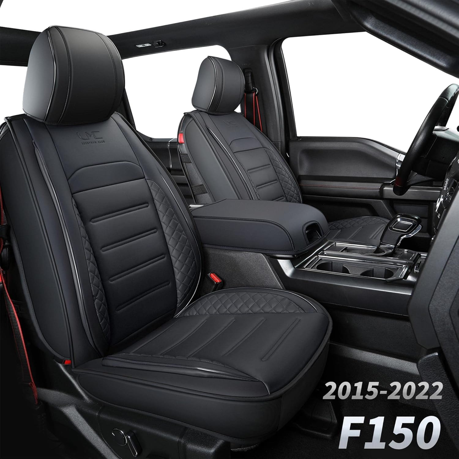 LUCKYMAN CLUB D07-Q4 Faux Leather Seat Covers, Fit for 2015-2022 F150 Crew Cab, and 2017-2022 F250 F350 Crew Cab with Center Console Cover(Full Set, Black&Gray)