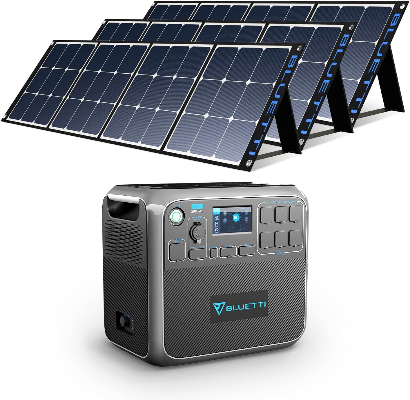 BLUETTI AC200P Portable Power Station with Solar Panel Included 2000W Solar Generator Kit with 3pcs 200W Foldable Solar Panel, 6 120V AC Outlet Lithium Battery Backup for Home Use Outdoor Camping Van