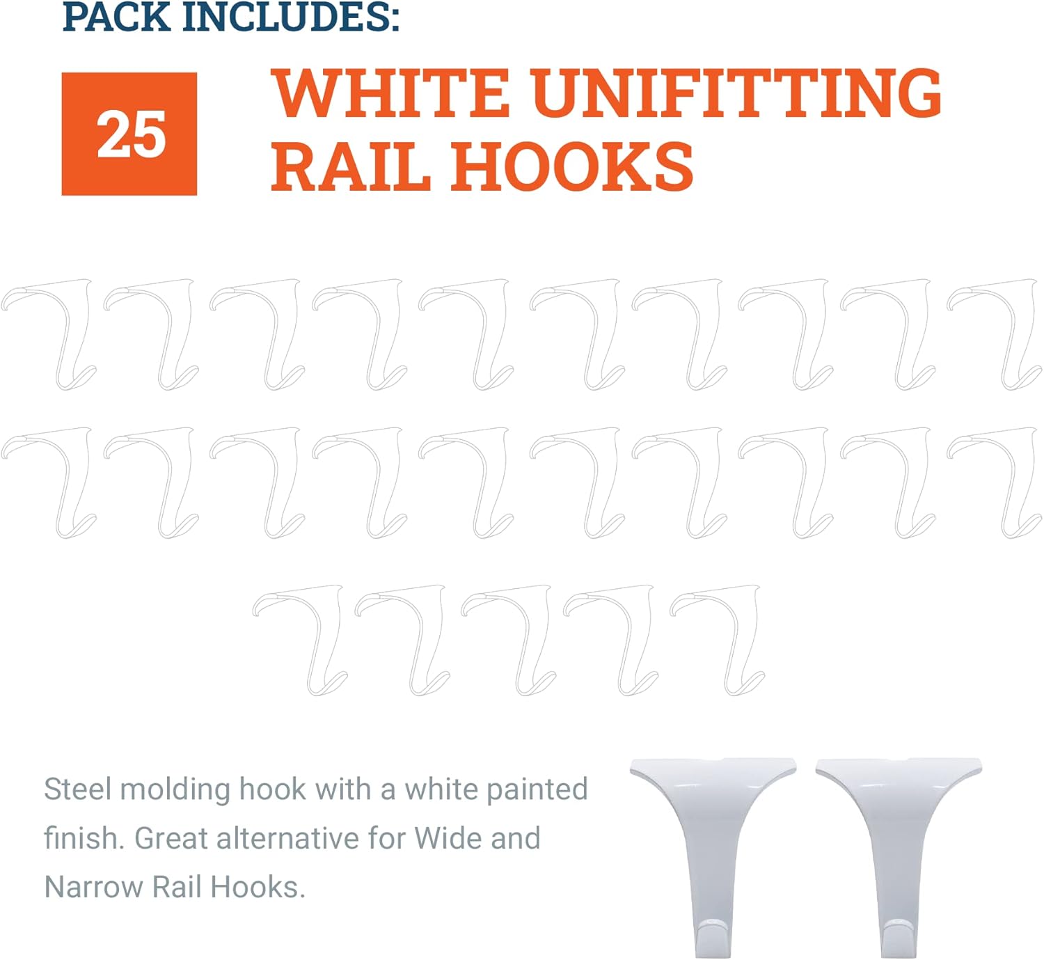 White 8lb Rail Hooks - Supports 8 lbs - 25 Pack - Wide Rail Hook for Picture Rail Hanging System Pack of 2