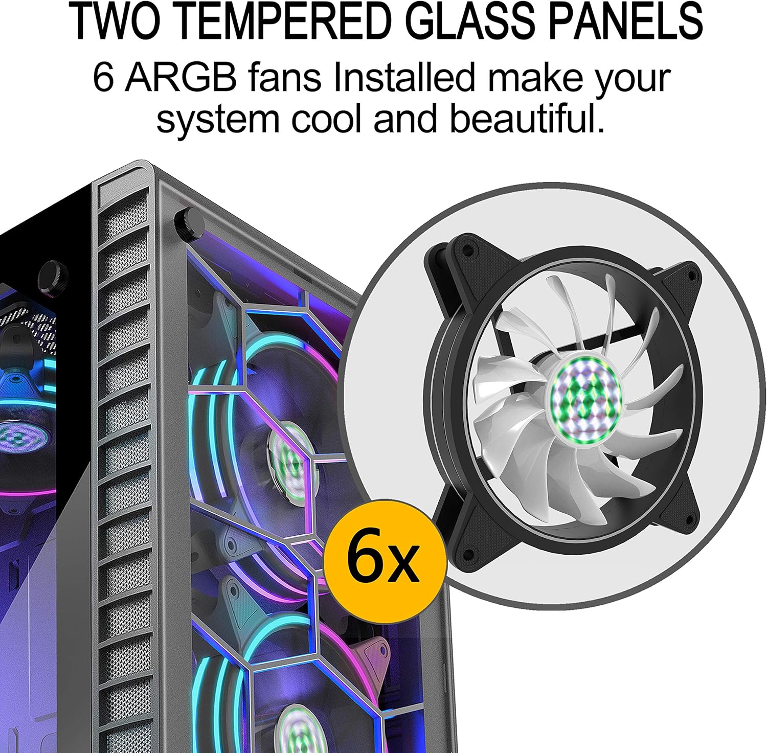 MUSETEX 6pcs 120mm ARGB Fans Pre-Installed, ATX Mid-Tower Case with USB3.0 Tempered Glass Panels Gaming PC Case Computer Chassis (Black)
