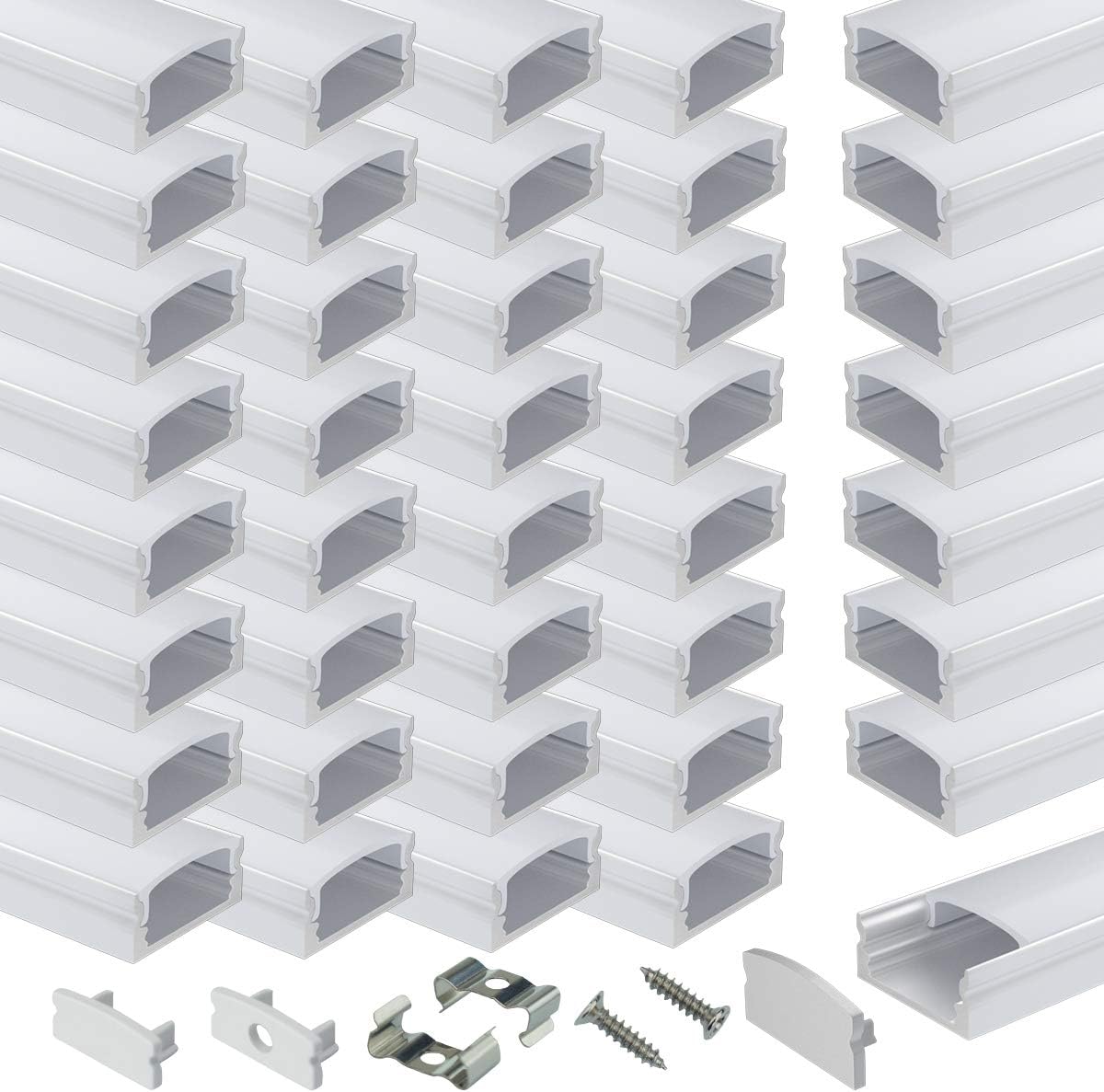 Muzata 40Pack 3.3FT/1M LED Channel System with Milky White Cover Lens,Silver Aluminum Extrusion Profile Housing Track for Strip Tape Light with U Shape U1SW WW 1M, LU1