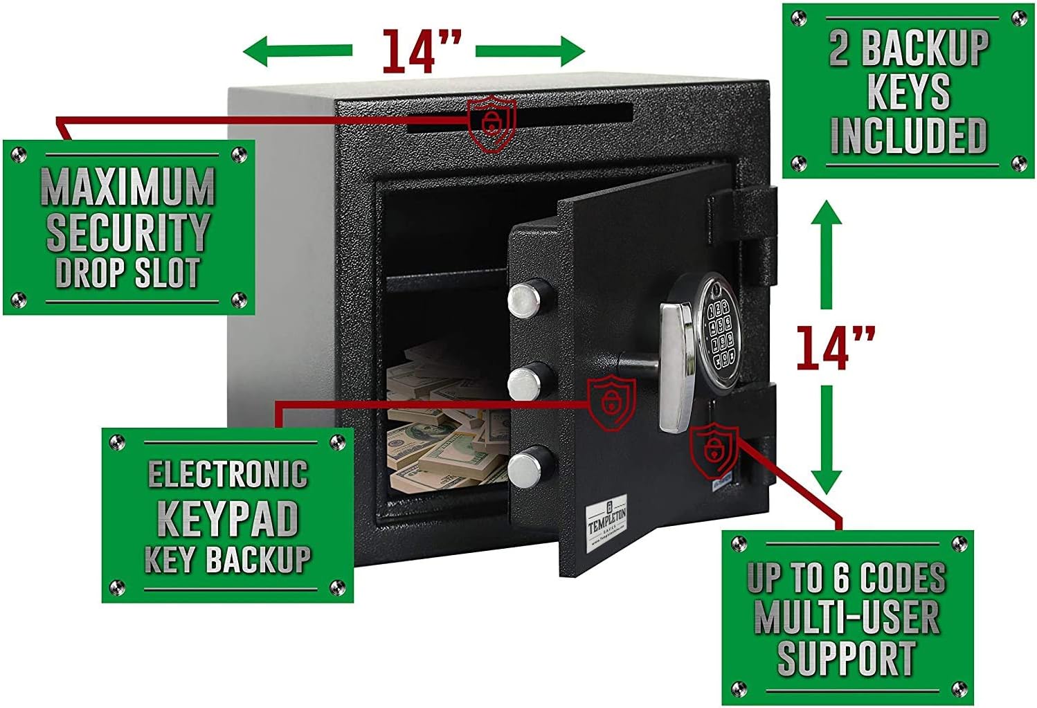 Templeton Safes Small Depository Drop Safe With Electronic Multi-User Keypad Combination Lock with Key Backup, Anti Fishing Security, Black 1.12 CBF