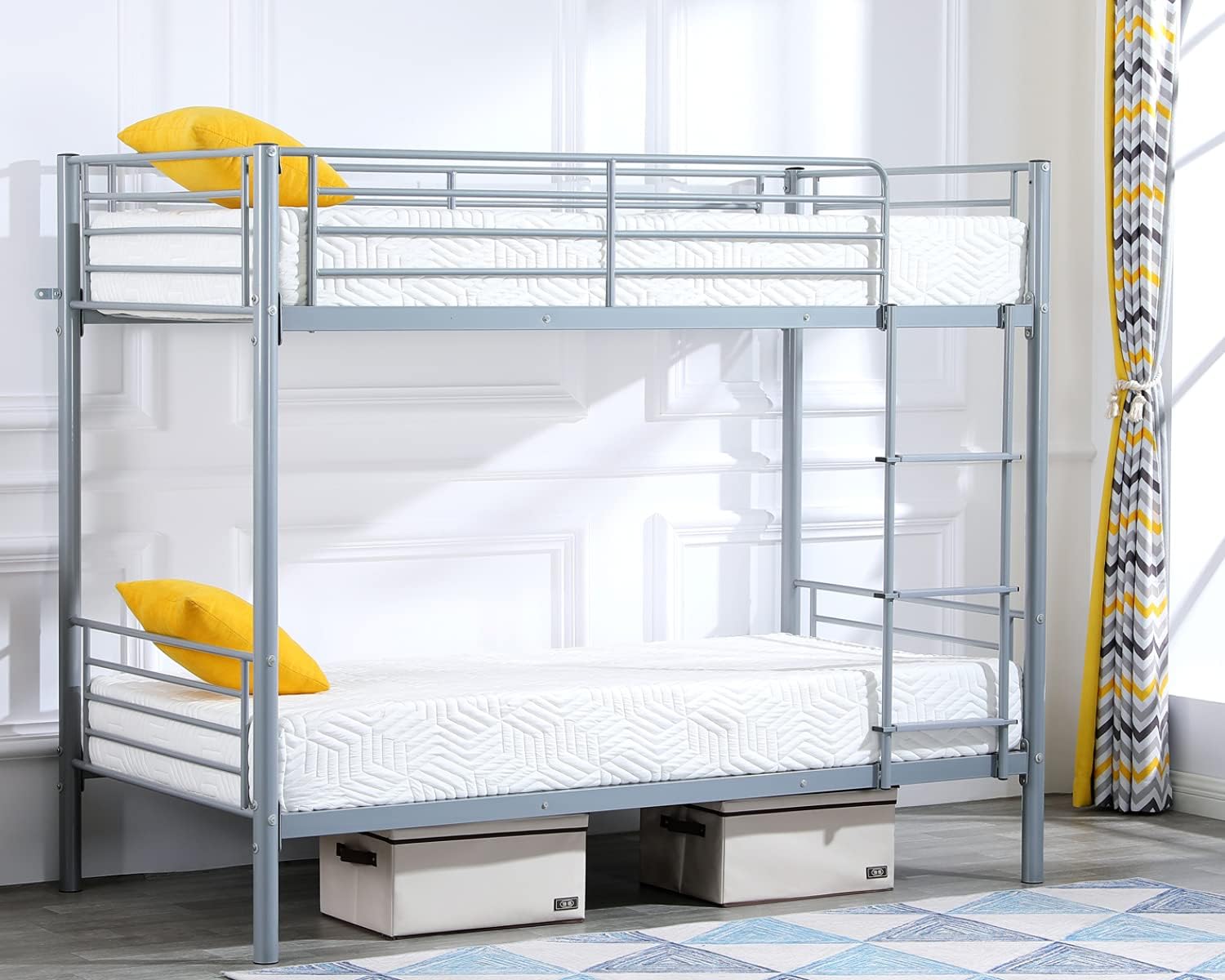 Bonnlo Metal Bunk Bed Twin Over Twin Heavy Duty Bed Frame with Safety Guard Rails & Flat Ladder W/Rubber Cover for Kids Teens Adults, Black