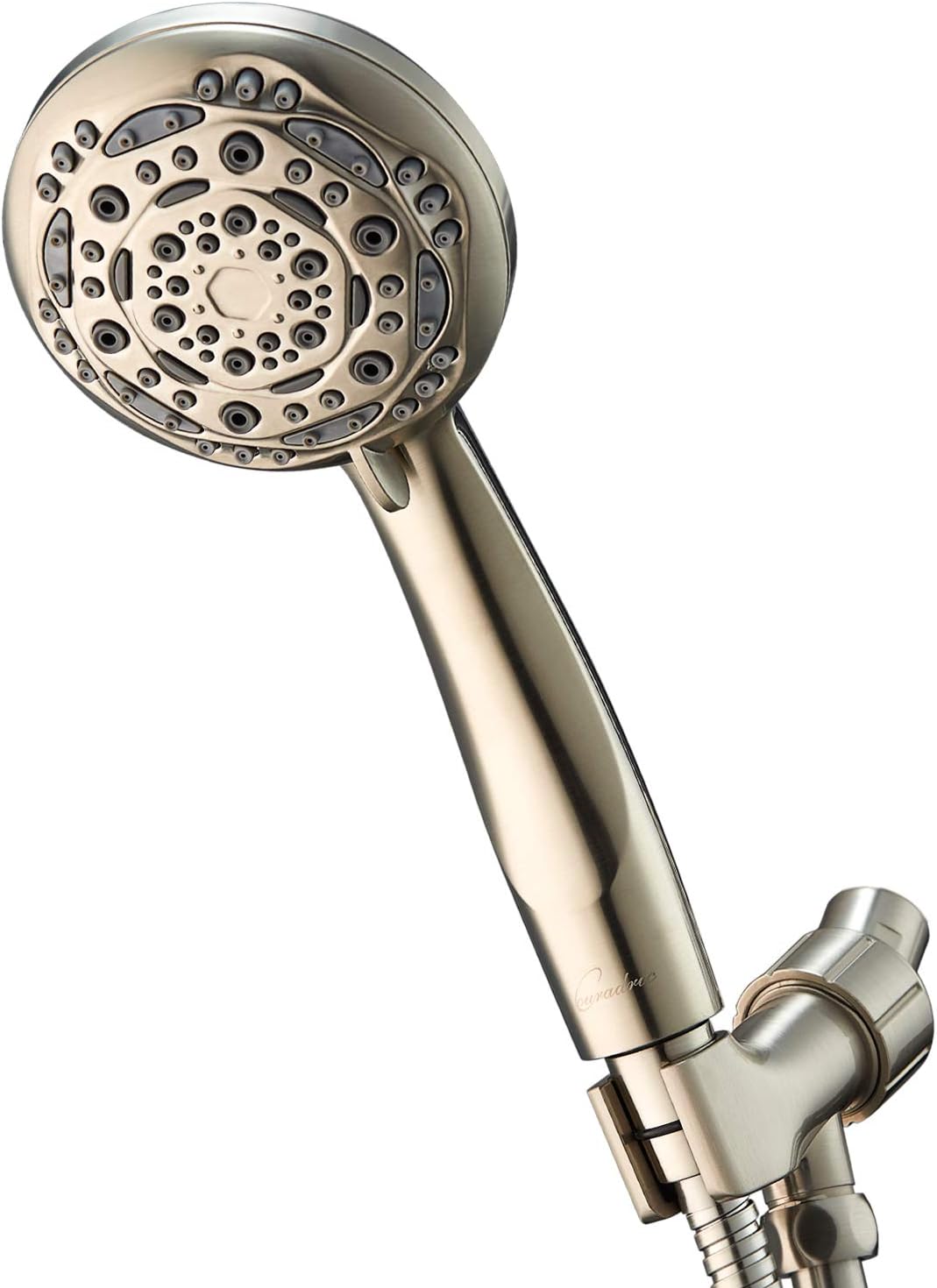 Couradric Handheld Shower Head, 7-Function High Pressure Shower Head with Brass Swivel Ball Bracket and Extra Long Stainless Steel Hose, Polished Brass, 4