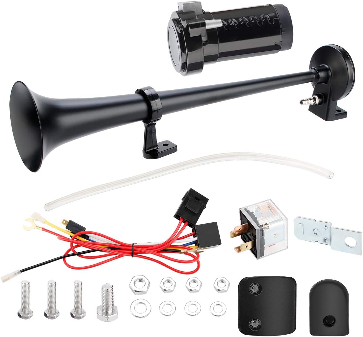 Big Autoparts 12V Single Trumpet Air Horn Single Trumpet Air Horn + Compressor Powerful Loud 130db for Truck Boat SUV Train (Black)