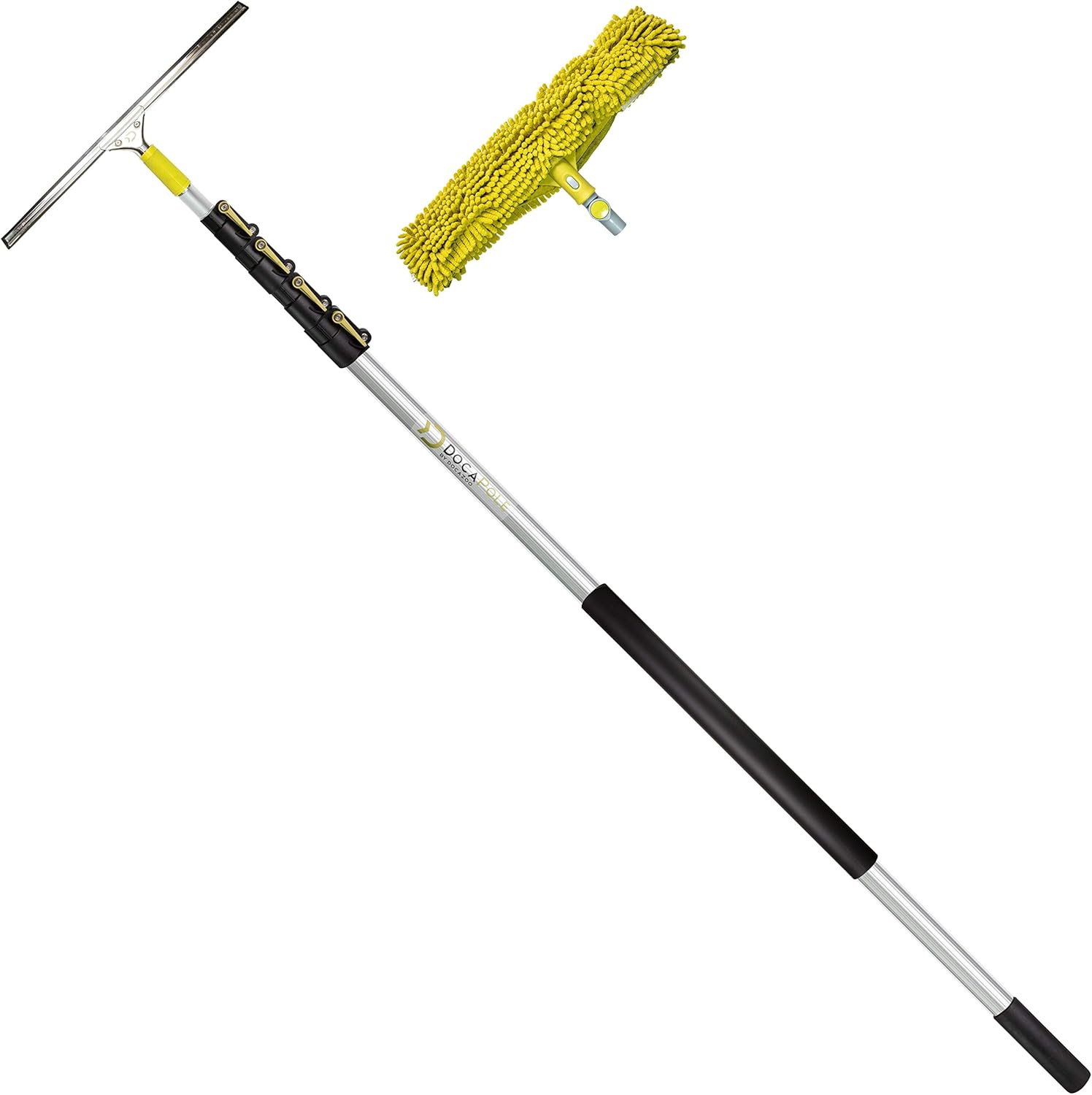 DocaPole 7-30 Foot Extension Pole + 18” Window Scrubber + 20” Window Squeegee for Window Cleaning | Telescopic Pole, Chenille Microfiber Washer, and Rubber Squeegee for Cleansing Glass Surfaces