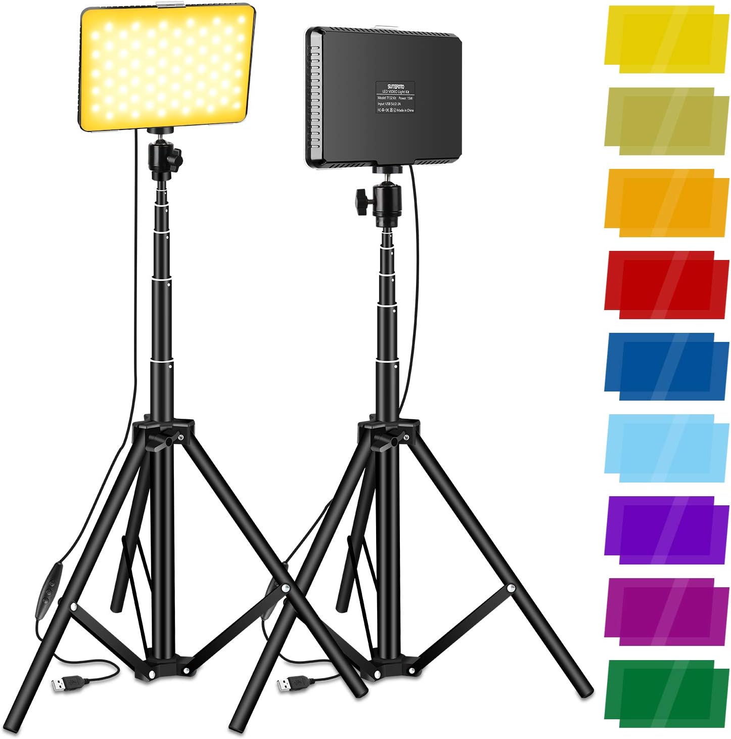 2 Packs Video Lighting Kit, Sutefoto Led Light for Video Photography, Starter Light Kit with Two Adjustable Tripod, Dimmable Brightness and Color Temperature, Changeable 9 Color Filters Pack of 2