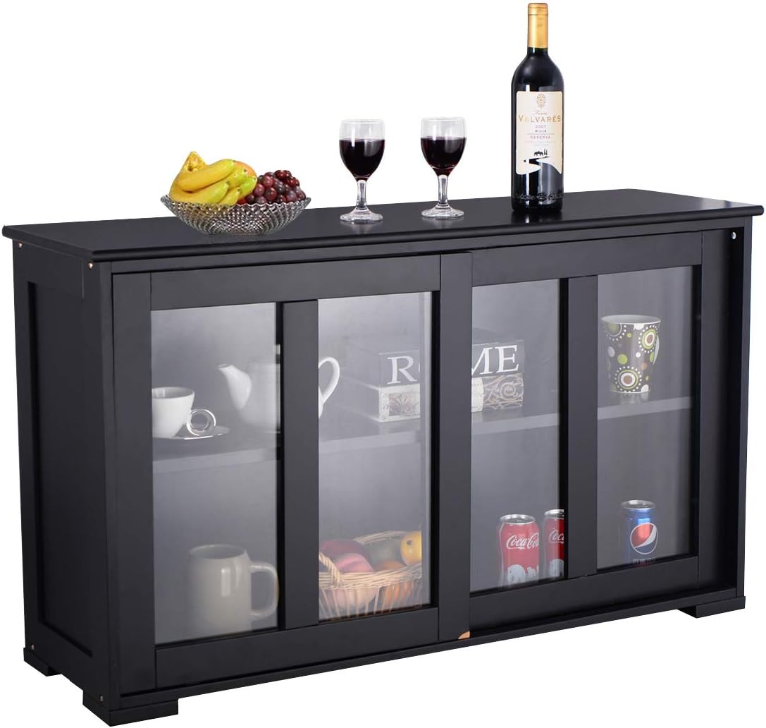 WATERJOY Kitchen Storage Sideboard, Stackable Buffet Storage Cabinet with Sliding Door Panels for Home Kitchen, Antique Black