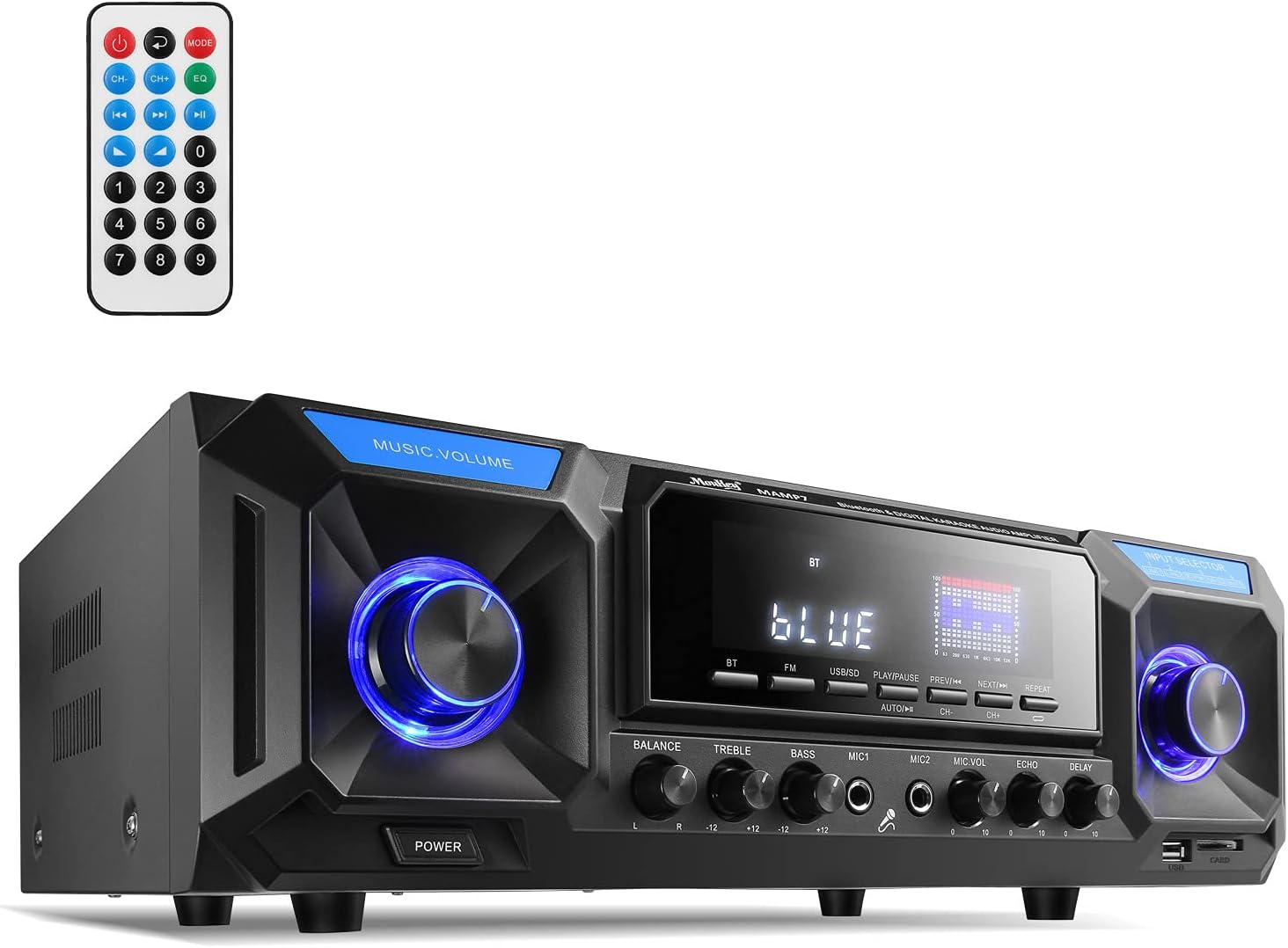 Moukey Home Audio Amplifier Stereo Receiver Bluetooth 5.0-330W 2 Channel FM, with USB/SD, 2 Mic in Echo, RCA/3.5mm AUX, LED, Remote for Home Speaker/Party Karaoke-MAMP7 Pack of 2