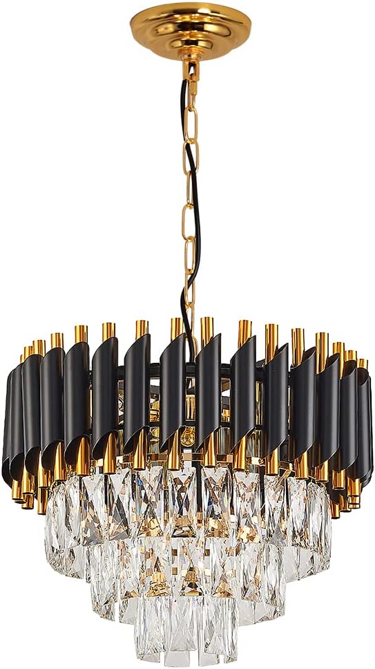 Modern Crystal Chandelier Light 3-Tires Crystal Light Round Crystals Chandelier Light Fixture Flush Mount Ceiling Lighting for Dining Room Living Room Kitchen Island Hallway Restaurant Black