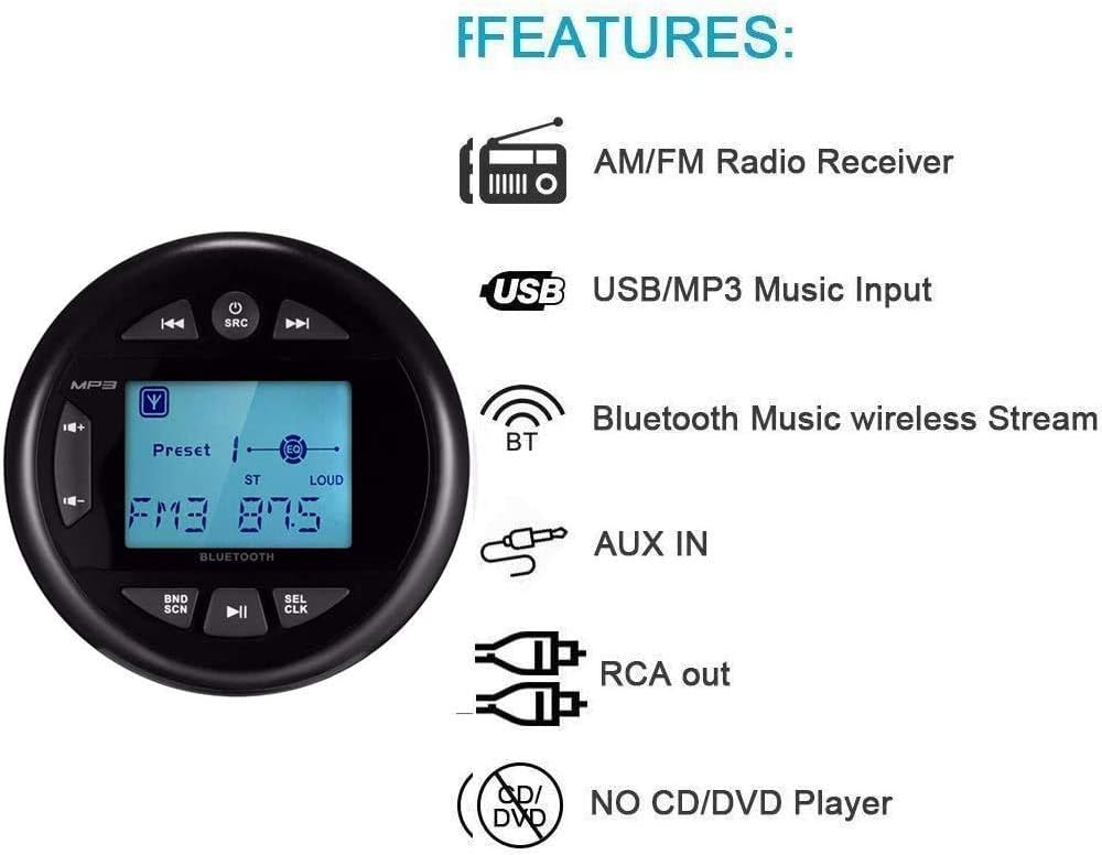 Herdio 4 Inches Mp3 USB AM FM Compatible Weather-Proof Marine & UTV Gauge Bluetooth Stereo Radio + 4 Inches Marine Surface Mount Box Speakers(Black)
