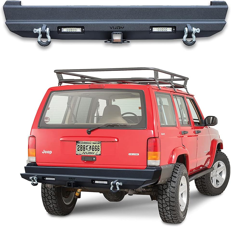 Ronghui Textured Black Steel Rear Bumper with 2x4.75T D-Rings and 2'' Hitch Receiver Fit for 1984-2001 Cherokee XJ