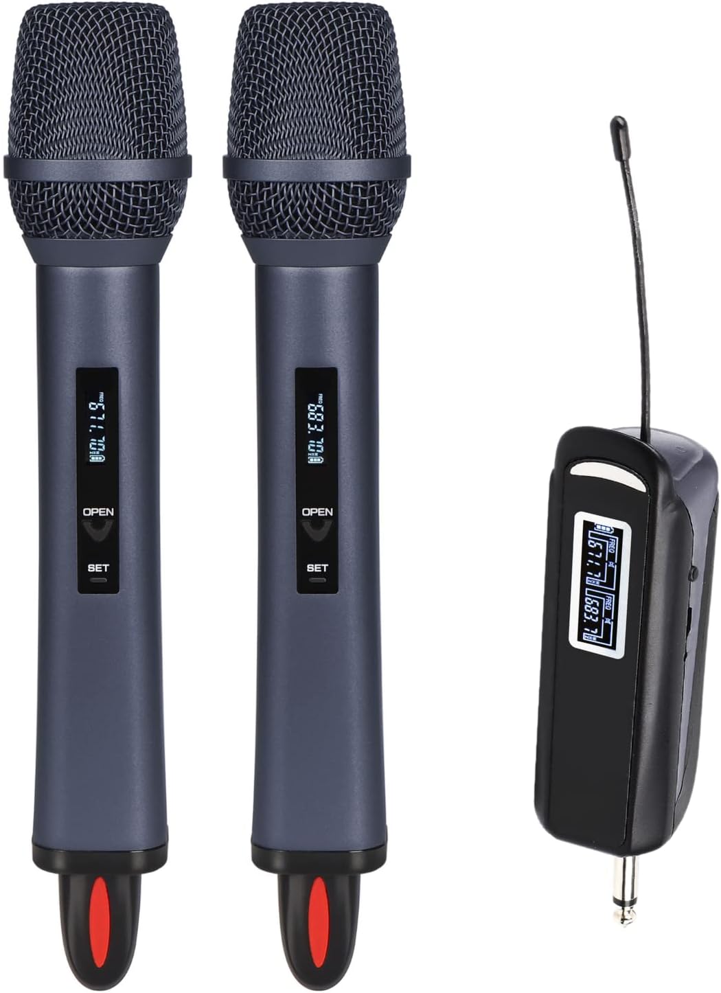 SHENGFU Wireless Microphone with Rechargeable Receiver UHF Metal Dual Cordless Handheld Dynamic Mic System for Karaoke Party Wedding Speech 130FT (Gray) Pack of 2