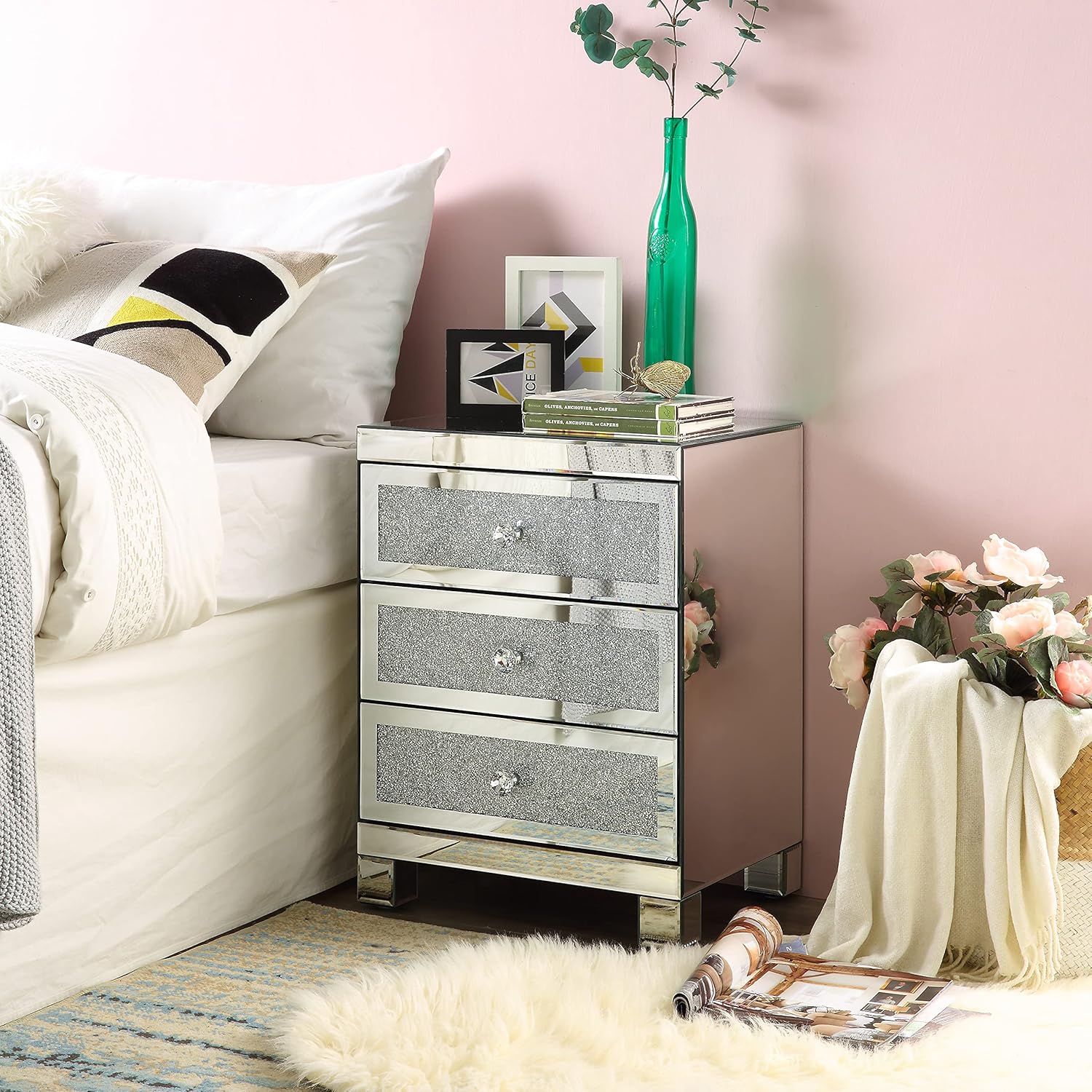Mirrored Nightstand with 3 Drawers, Modern Small Crystal Diamond End Table Mirror Accent Silver Table, Nightstand with Drawers Bedroom Mini Cabinet from Mireo Fine Furniture