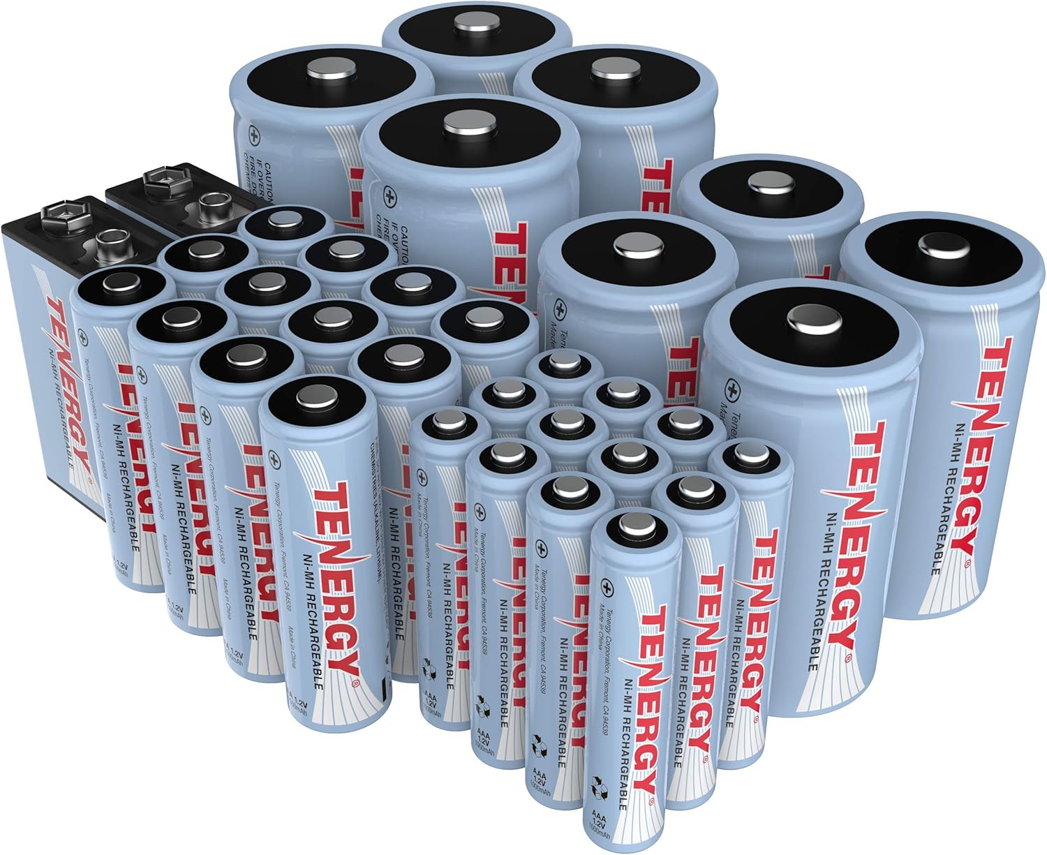 Tenergy NiMH Rechargeable Battery 34 Pack Variety, 12AA, 12AAA, 4C, 4D, and 2x9V Rechargeable Batteries for Everyday Household Electronics