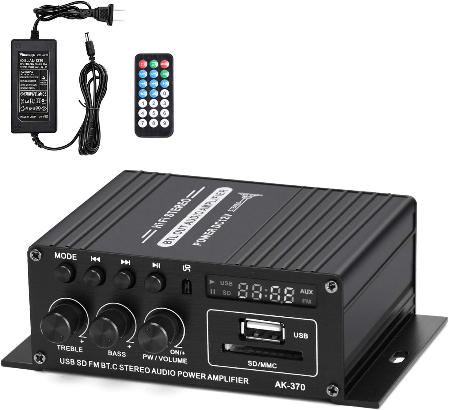 Facmogu AK370 HI-FI Stereo Audio Power Amplifier, Dual Channel Amp Sound Speaker Bluetooth with 12V 3A Power Supply, Bass & Treble Control Home Audio Player Amp Speaker with Remote Control