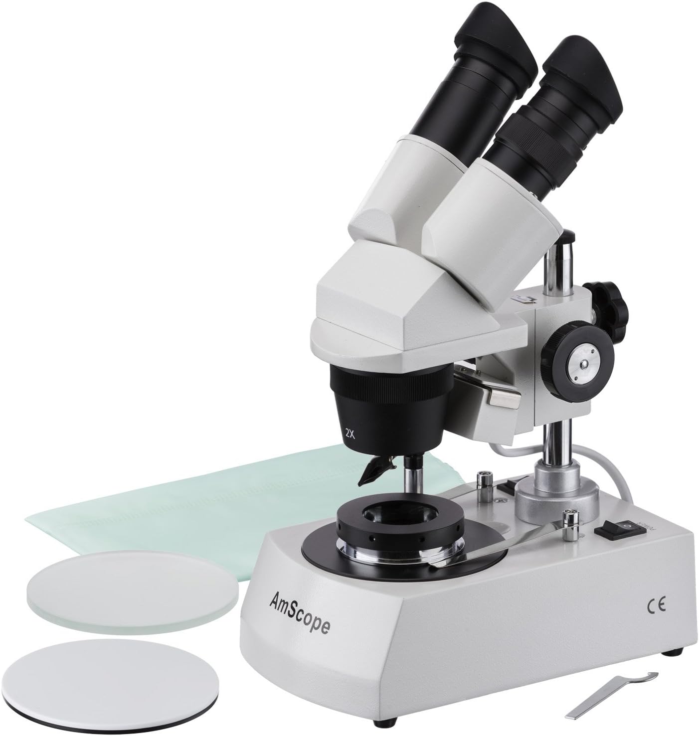 AmScope SE306-P-DK Binocular Stereo Microscope, WF10x Eyepieces, 20X and 40X Magnification, 2X and 4X Objectives, Upper and Lower Halogen Lighting, Reversible Black/White Stage Plate, Pillar Stand, 120V, Includes Darkfield Condenser