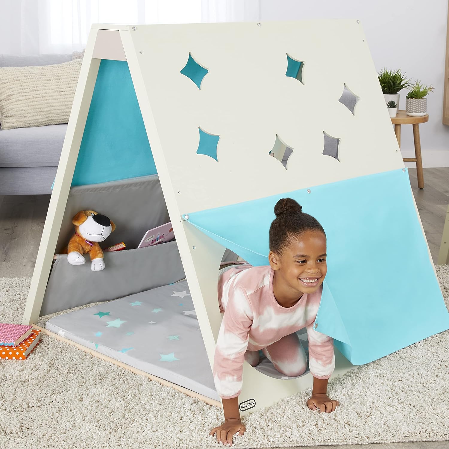 Little Tikes Starry Night Reading Nook Indoor Kids Furniture Includes Starlight Projector, Cushioned Mat, Book Storage, Modern White/Light Blue Wooden Play Space- Great Gift for Readers, Kids Ages 3+