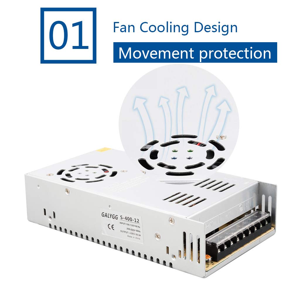 GALYGG 12V 33.3A Power Supply, 400W LED Driver Universal Regulated Transformer Converter Adapter AC 110V-220V to DC 12V Low Voltage Output for LED Light, 3D Printer, Radio, Computer Project