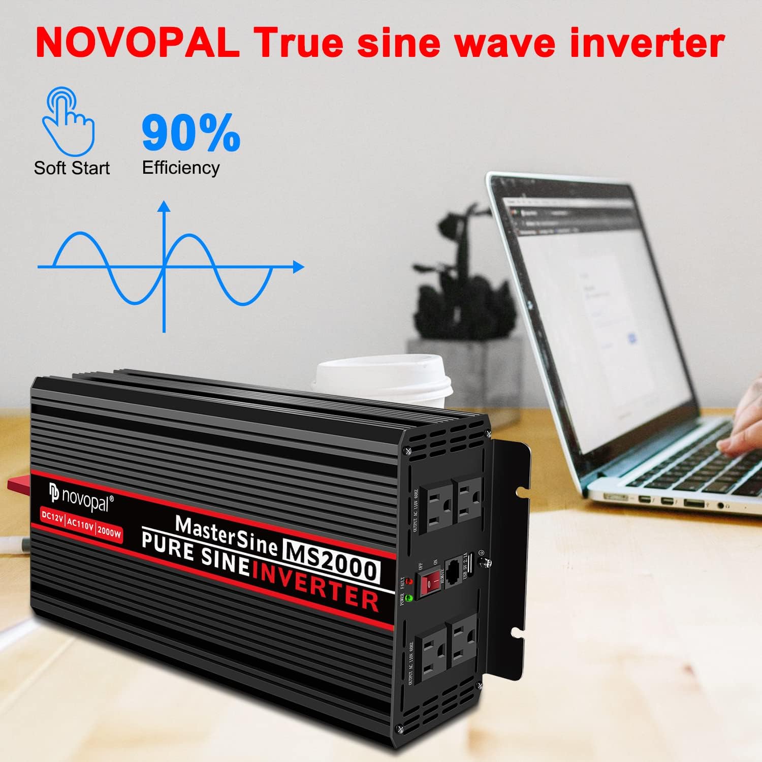 Novopal Pure Sine Wave Power Inverter 2000 Watt 12V DC to 110V/120V AC Converter 4 AC Outlets Car Inverter with One USB Port 16.4 Feet Remote Control and Two Cooling Fans-Peak Power 4000 Watt