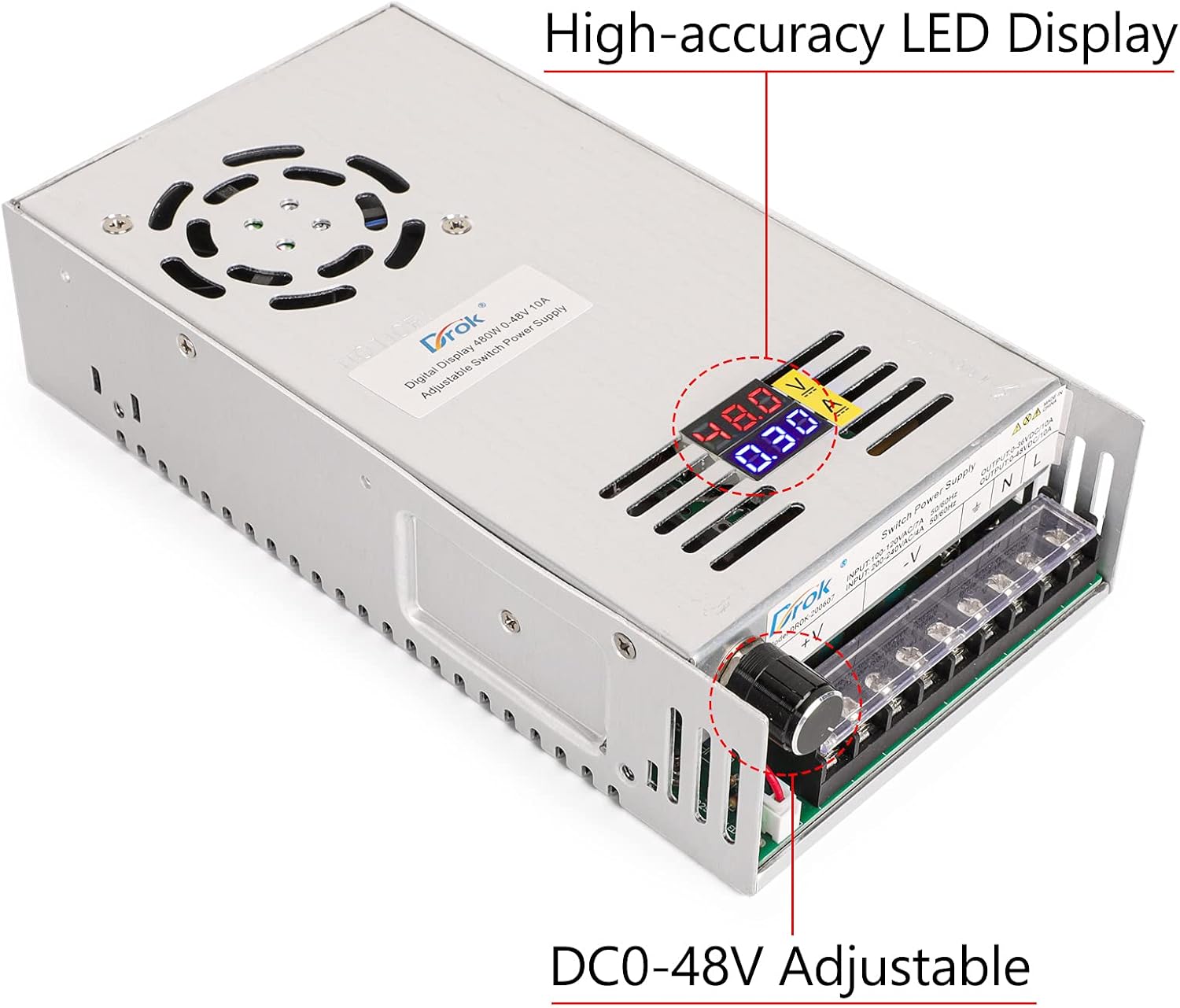 DROK 48V Power Supply, AC 110V/220V to DC 0-48V 10A 480W Buck Converter Dual Display, Variable Adjustable Transformer Regulated 5V 12V 24V 30V 36V 48V Volt Switching Voltage Adaptor 10A Amp Charger Pack of 2