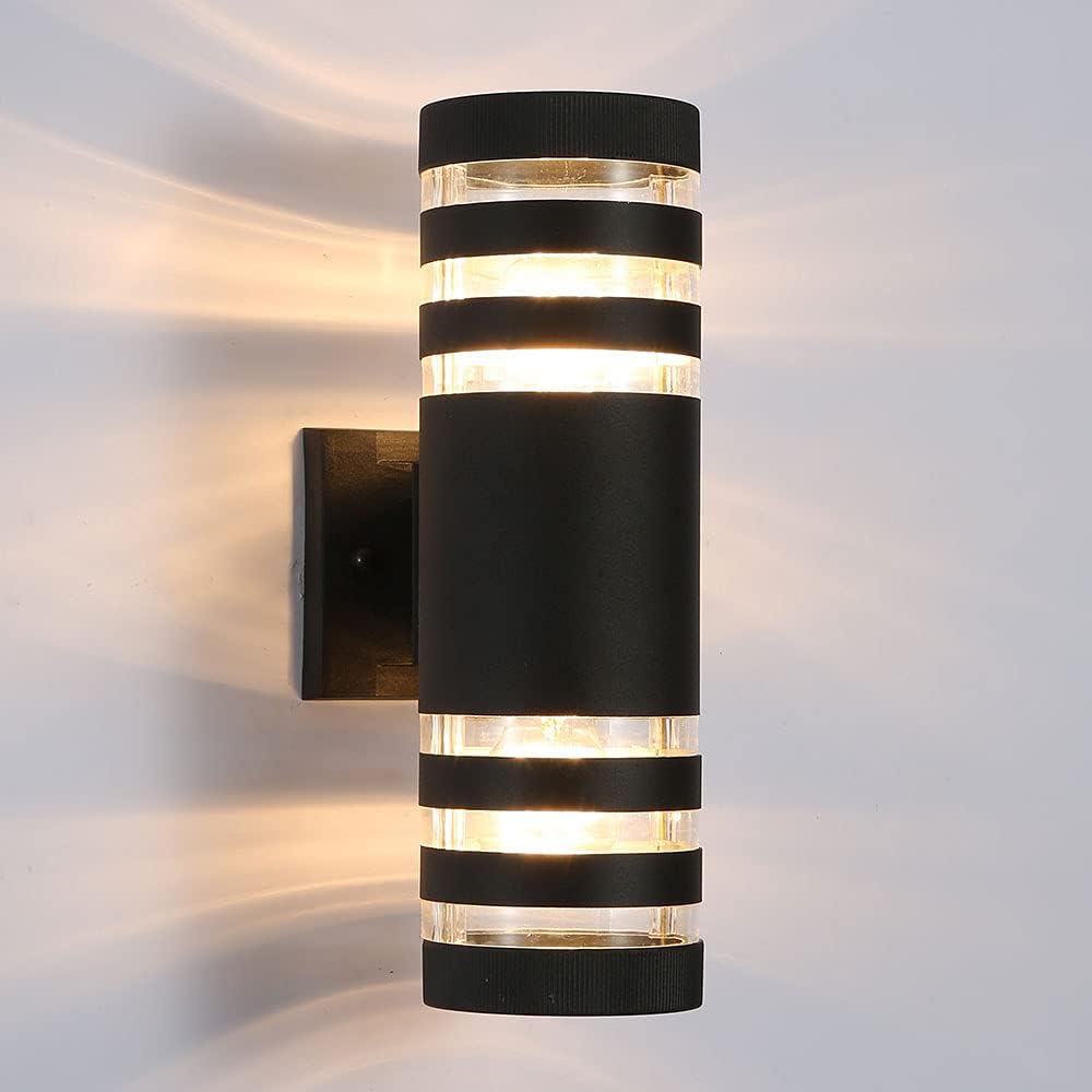 Modern Outdoor Wall Sconce Lights,Exterior Up Down Light Fixture, Waterproof Matte Black Aluminum and Tempered Glass, Cylinder Wall Mount Lamps for Porch, Backyard, Garage and Patio