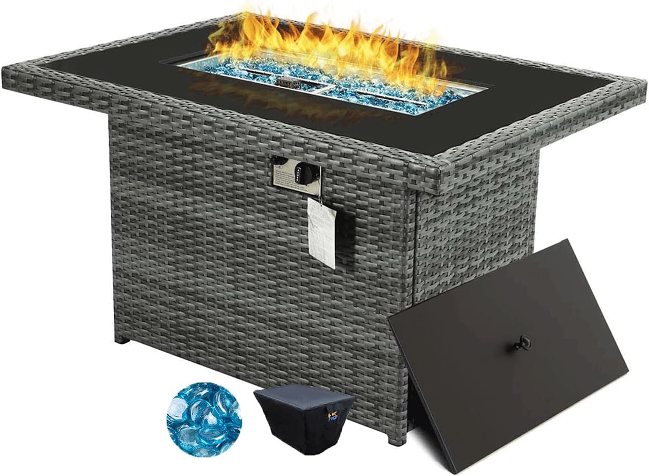 43''L x 32''W Rectangle Wicker Propane Fire Pit Table Tempered Glass Top 55000 BTU Output Dual Heating Gas Fireplaces Outdoor Heaters for Outside with Cover & Glass Rocks CSA Approved