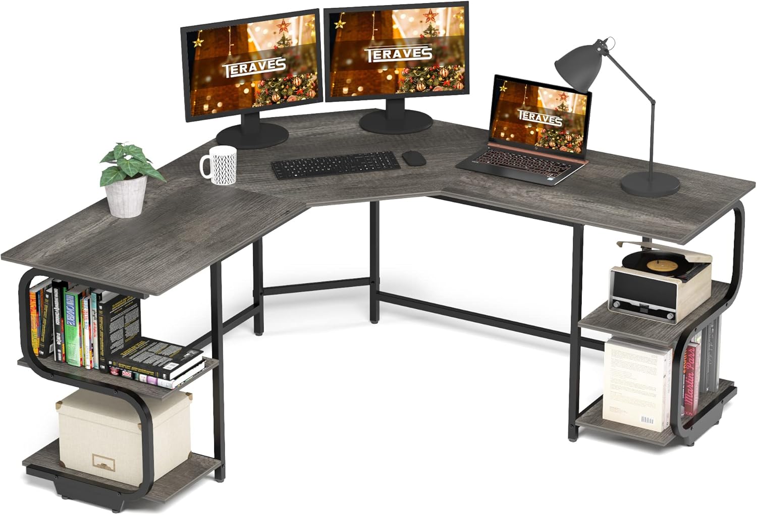 Teraves Modern L Shaped Desk with Shelves,Computer Desk/Gaming Desk for Home Office,Corner Desk with Large Desktop (Teak+Black Frame, Large+4 Tier Shelves)