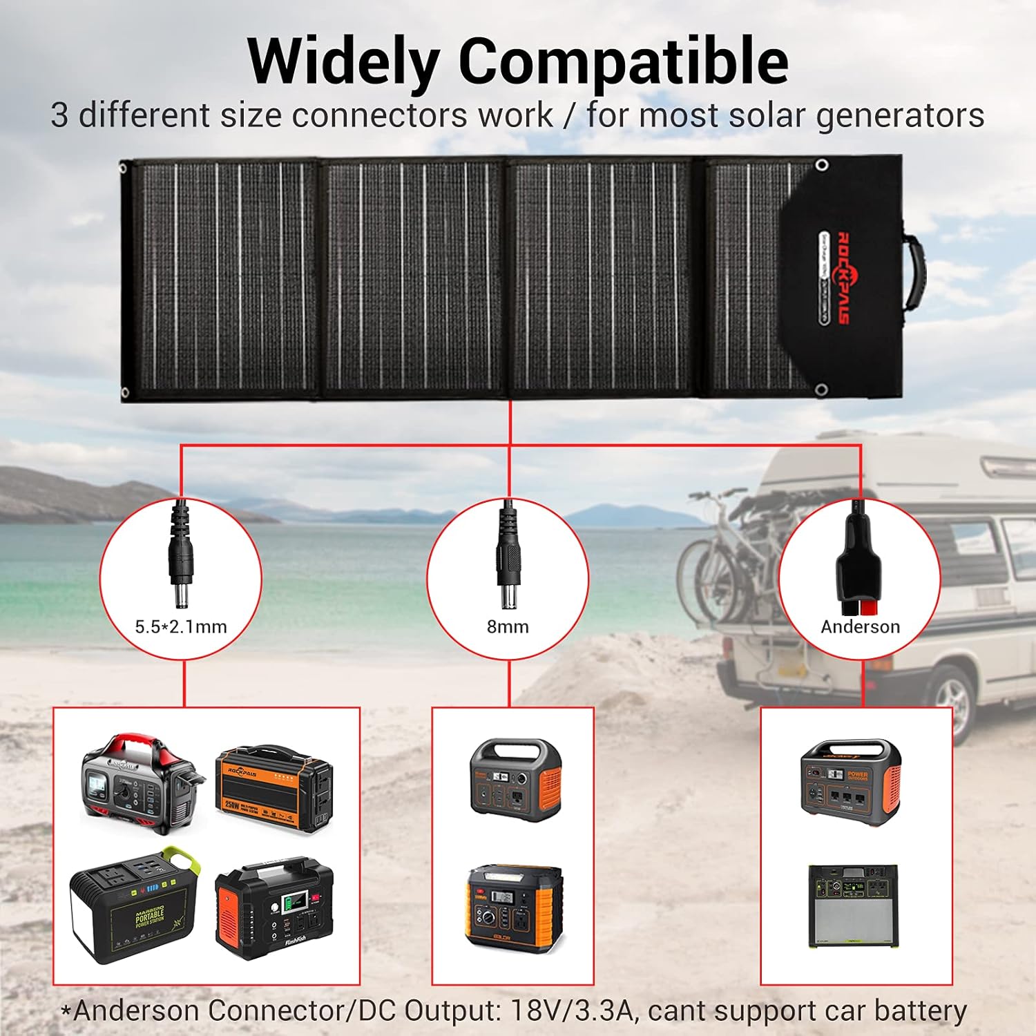 ROCKPALS RP082 100w Foldable Solar Panel Charger with Kickstand, Parallel Cable, QC 3.0 and USB-C, Upgraded Portable Solar Panel for Jackery/Rockpals Power Station
