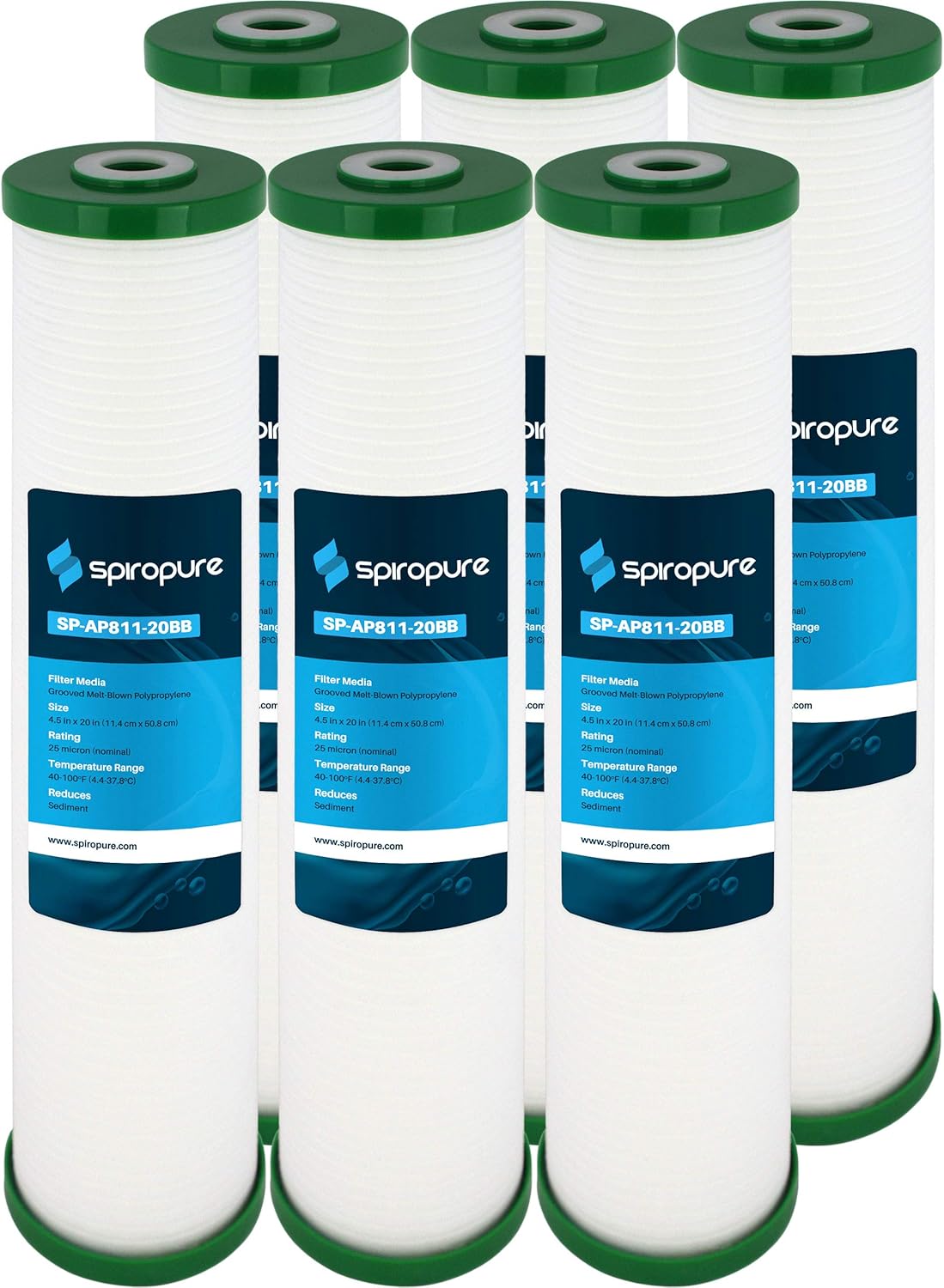 SpiroPure Replacement for Aqua-Pure AP811-2 5618905 20x4.5 Grooved Polypropylene 25 Micron Sediment Filter (6 Pack)