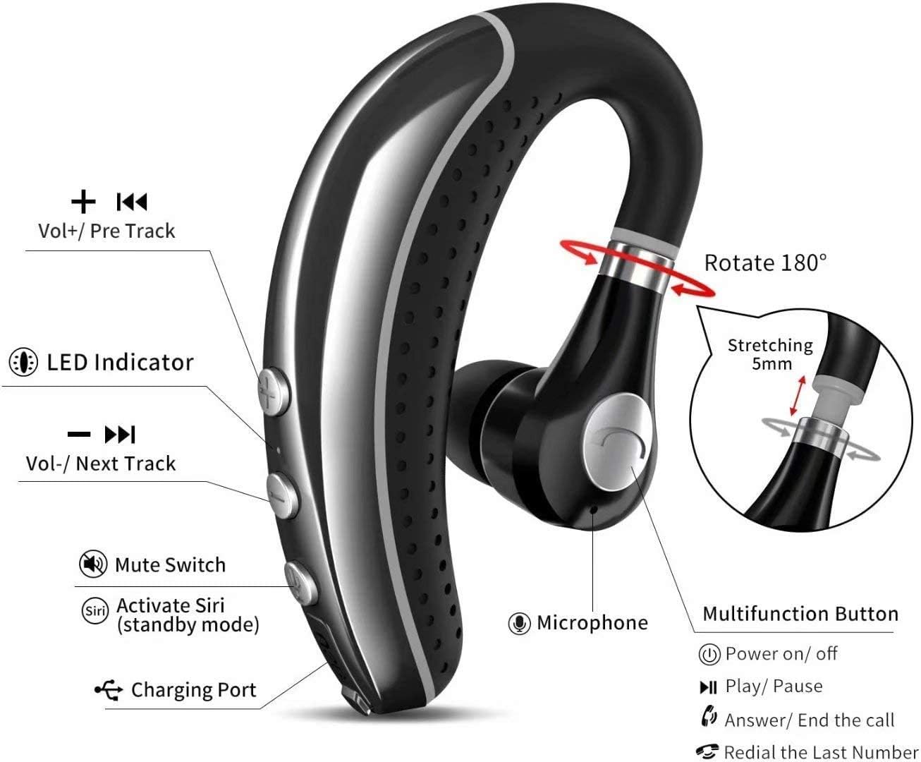 Bluetooth Headset COMEXION V5.0 Bluetooth Earpiece with Mic and Mute Key Wireless Noise Reduction Business Earphone for Driving/Meeting/Listening Pack of 2
