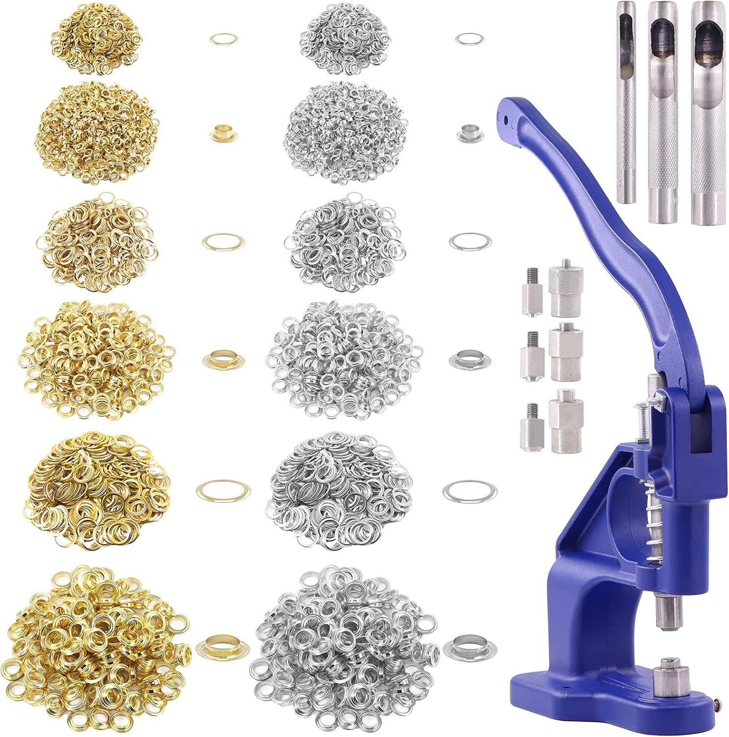 Glarks 3007Pcs Heavy Duty Hand Press Grommet Eyelet Machine Hole Punch Tool Kit Including Grommet Machine with 3 Dies #0#2#4 and 3000Pcs Golden & Sliver Grommets for Banner, Awning, Poster, Curtain
