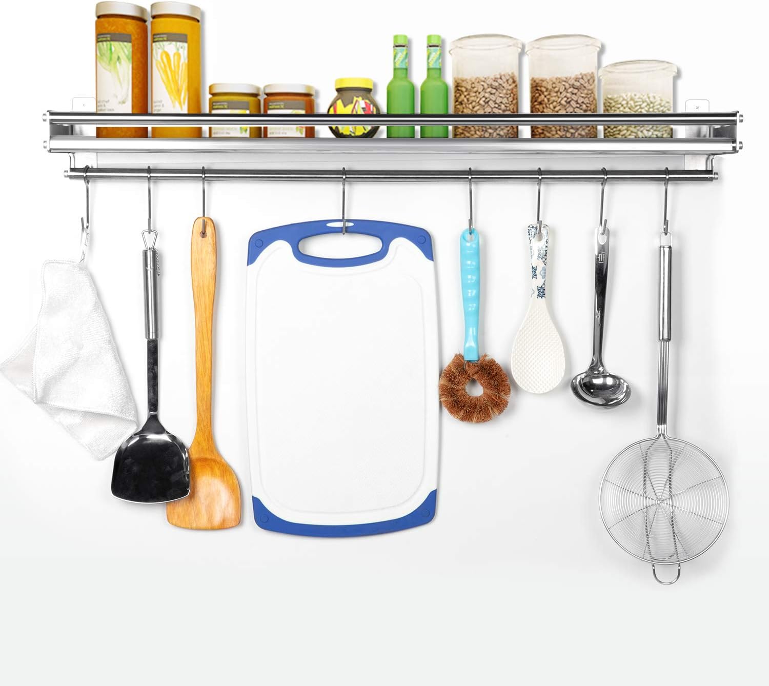 Spice Rack Organizer with 8 Hooks Wall Mounted Seasoning Shelf 304 Bathroom Kitchen Commercial Shelf Rack Restaurant Bar Multifunctional Storage Shelf (7.87, 31.5)