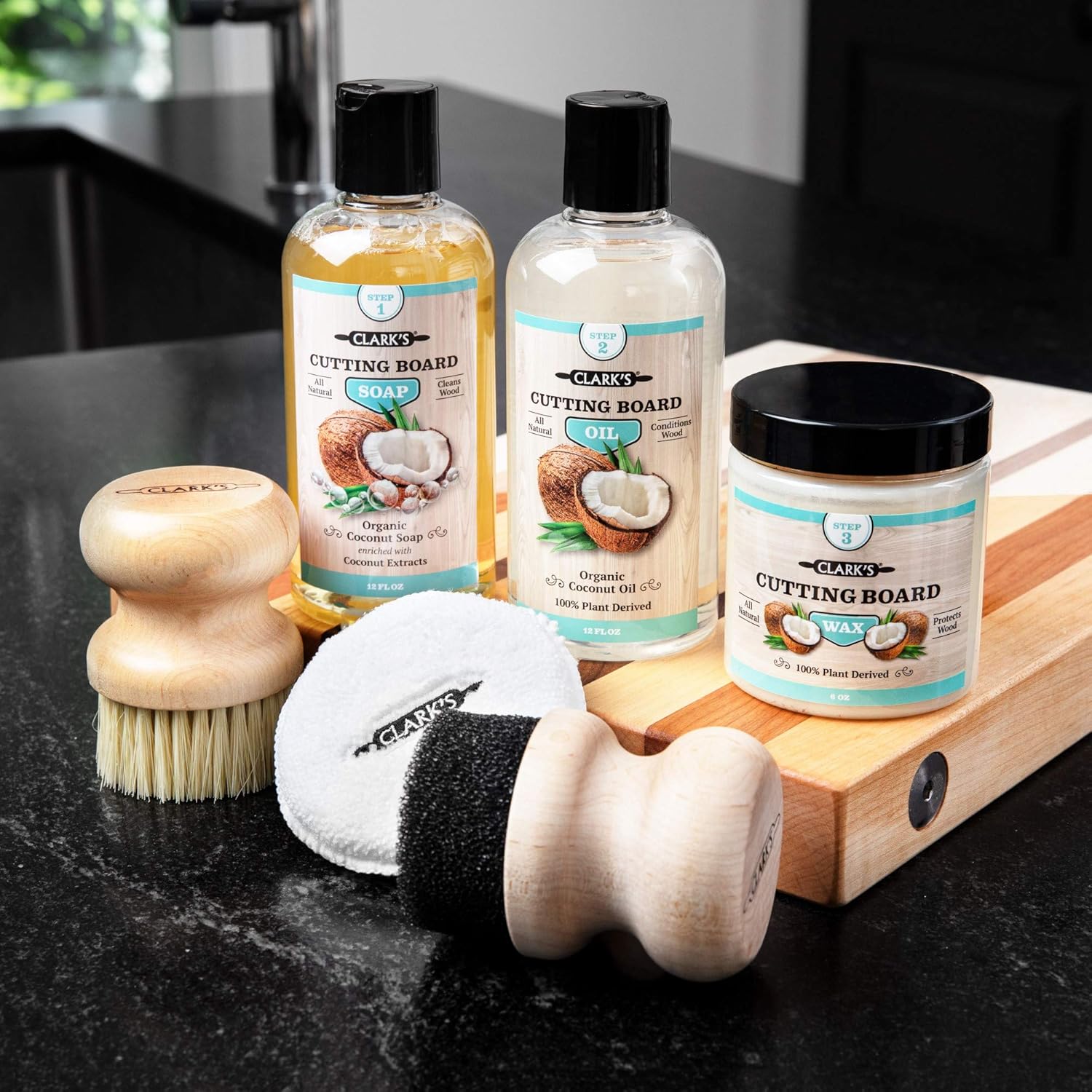 CLARK'S Complete Cutting Board Care Made with Refined Coconut Oil- Inludes: Oil (12 oz) - Wax (6oz) - Soap (12oz) - Small Applicator - Buffing Pad - Scrub Brush - Contains No Mineral Oil Pack of 2