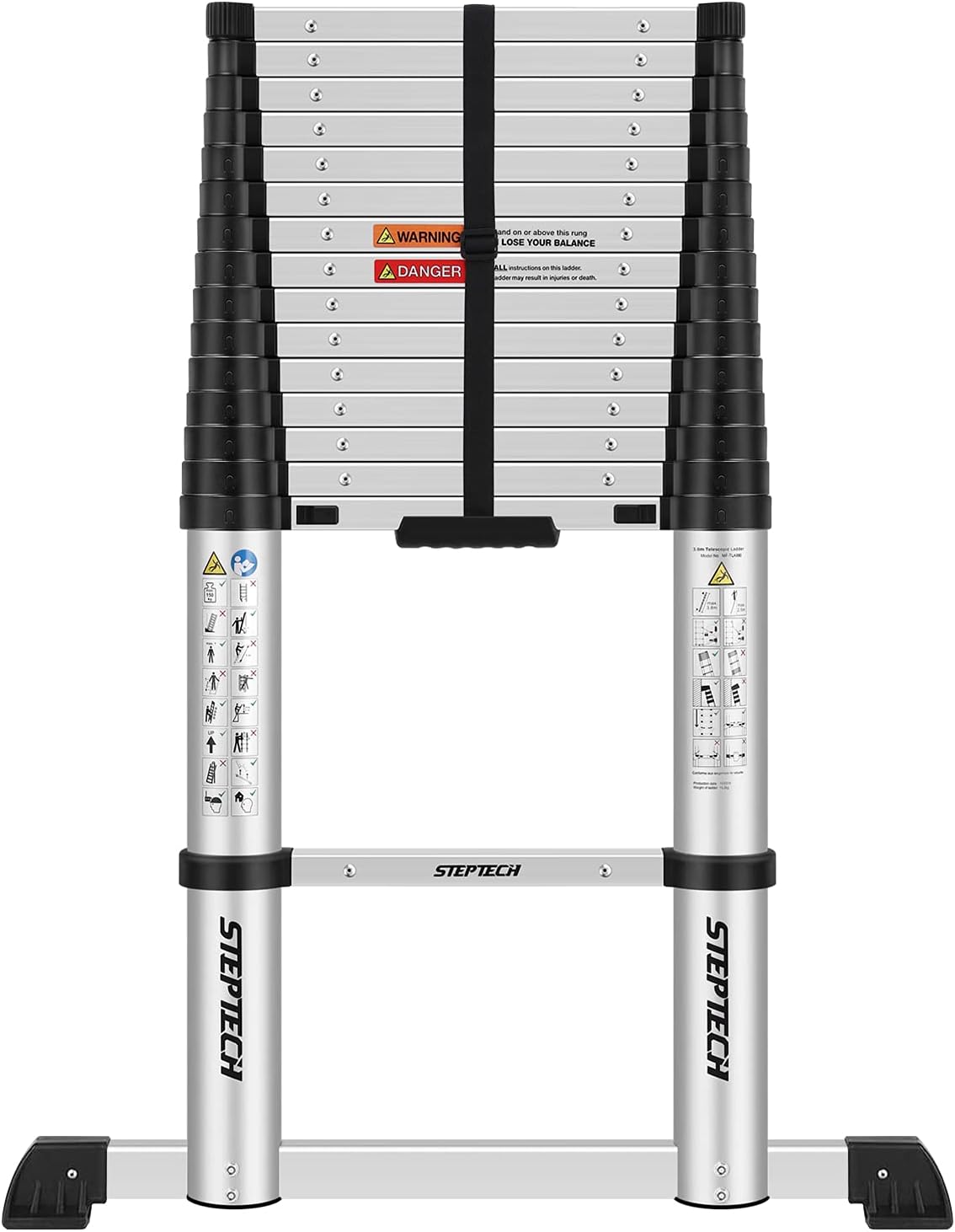 STEPTECH Telescoping Extension Ladder 15.5 FT with Stabilizer Bar One Button Retraction Soft Close Ladders for Home Collapsible Aluminum Telescopic Ladder for Household 330 lbs Capacity