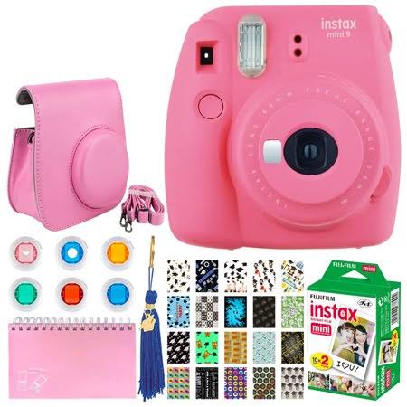 Fujifilm Instax Mini 9 Instant Film Camera (Flamingo Pink) + Fujifilm Instax Mini Twin Pack Instant Film + 20 Sticker Frames Gra