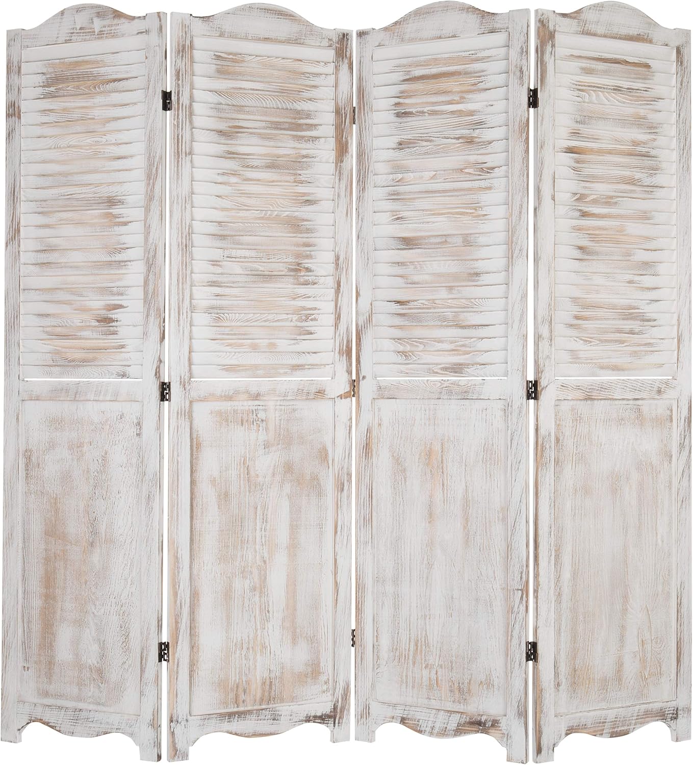 MyGift Privacy Screen, 4-Panel Vintage White Wood Louvered Room Divider Screen with Dual-Action Hinges