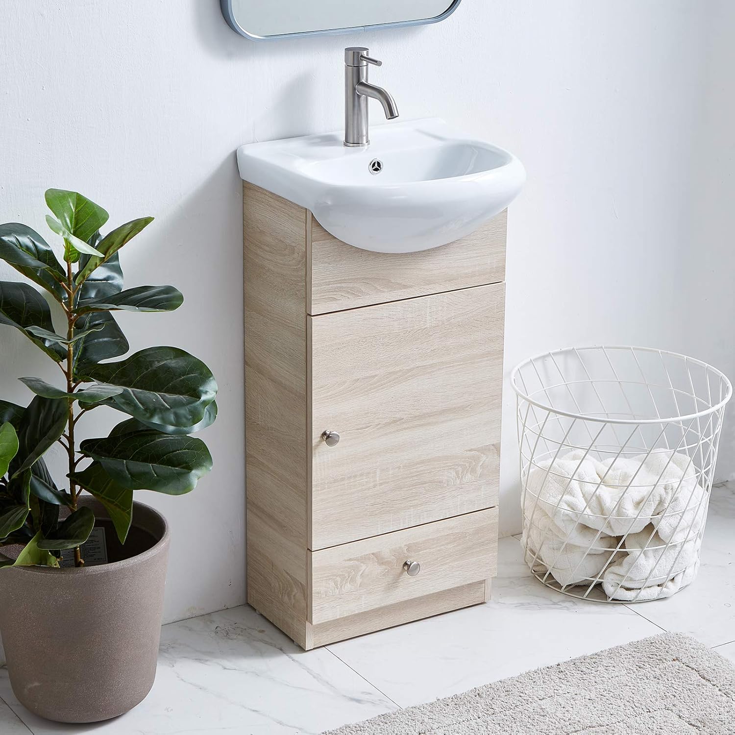 18 Inch Modern White Bathroom Vanity Set Small Bathroom Vanity,Bath Vanity with Ceramic Sink Single Bathroom Vanity Cabinet for Small Space,Bathroom Vanity and Sink Combo,1 Door 1 Drawer