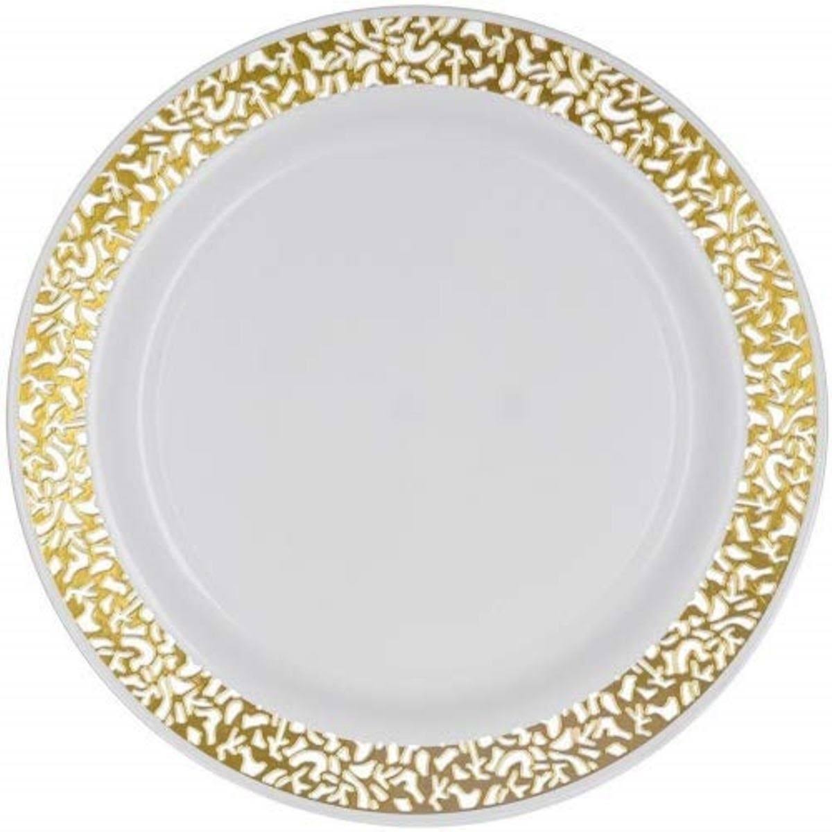 Party Joy 100-Piece Plastic Salad Plate Set | Lace Collection | Heavy Duty Premium Plastic Plates(White w/ Gold Lace)