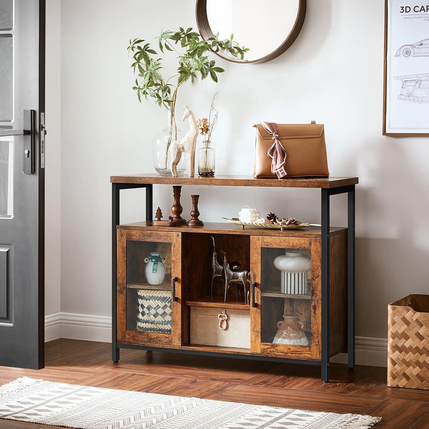 VASAGLE Buffet Cabinet, Sideboard with Transparent Glass Doors, Storage Cabinet with Adjustable Shelves, Living Room, Dining Room, Industrial, Rustic Brown and Black ULSC095B01