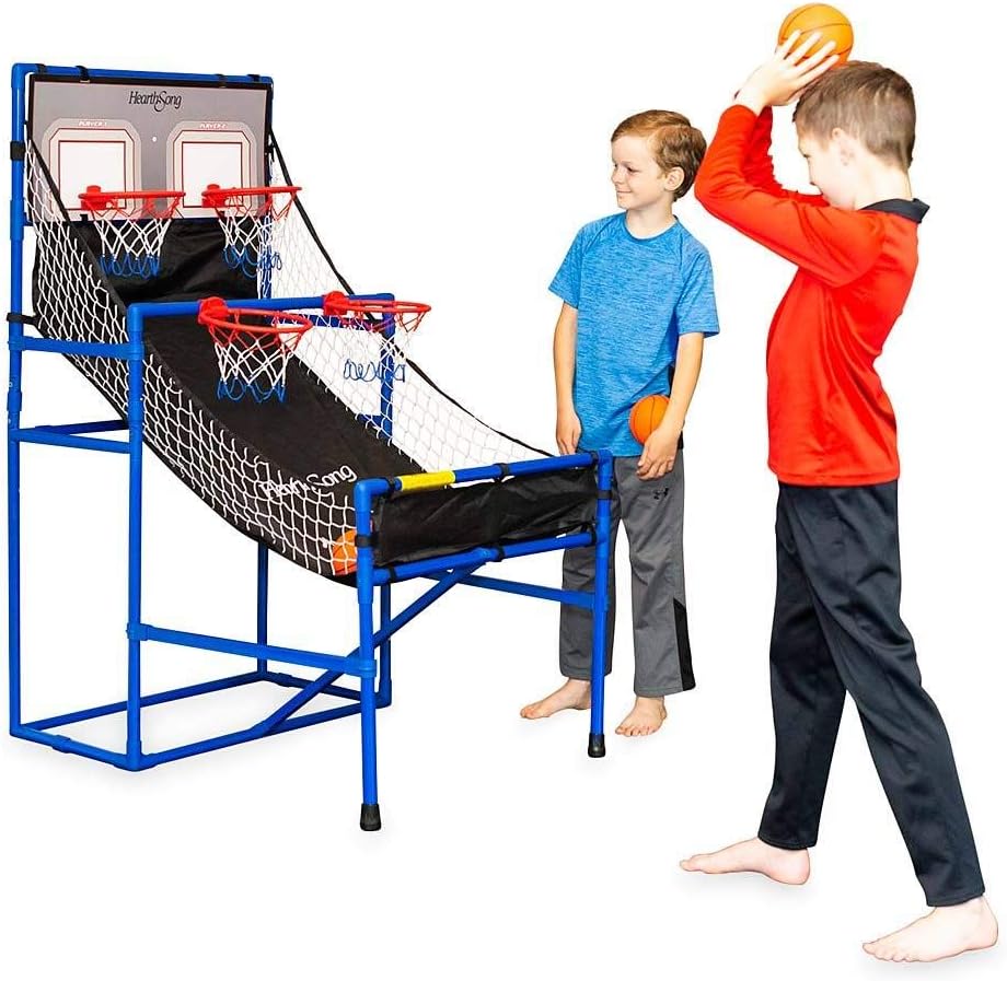 HearthSong Quad Shootout Folding Indoor Basketball Set for Family Indoor Active Play, Includes 6 Balls, 4 Baskets, and Pump