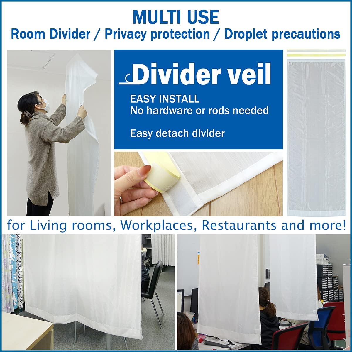 KURENAI Easy Detach Divider Divider Veil Made in Japan Privacy Room Divider for Room Workspace Office Restaurant Doorway White Sneeze Guard Divider Curtain Partition 57.1 W x 106.3 L (145 x 270cm)