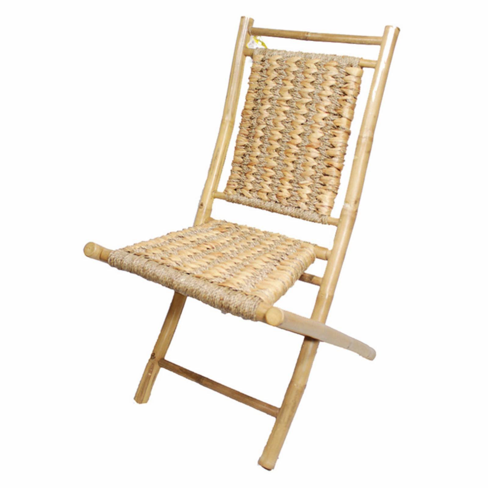 Heather Ann Creations W27028-NAT Kahala Bamboo Folding Chair with Open Link Weave of Water Hyacinth u0026 Seagrass, Natural - Se